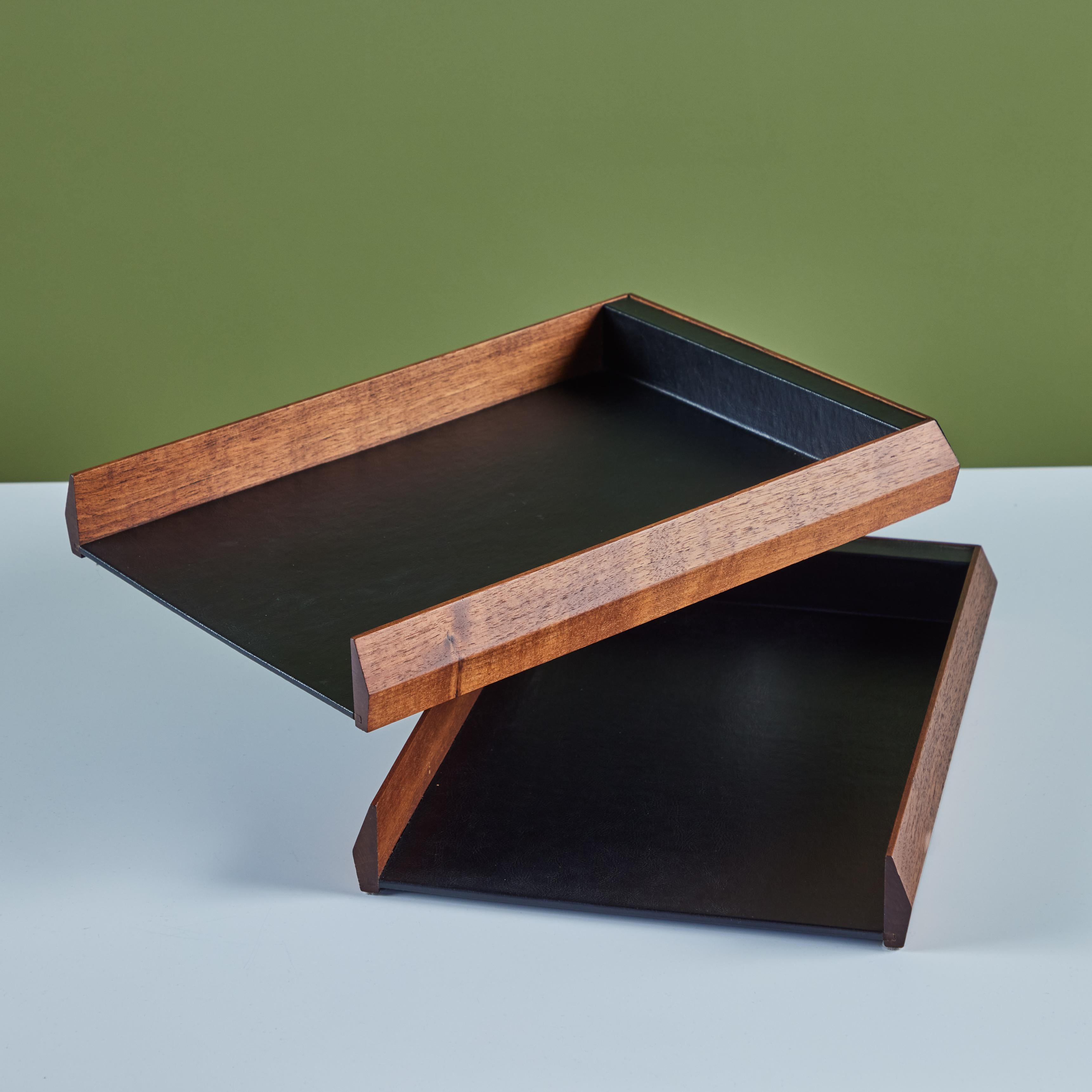 Walnut Paper Tray with Black Naugahyde Interior For Sale 5