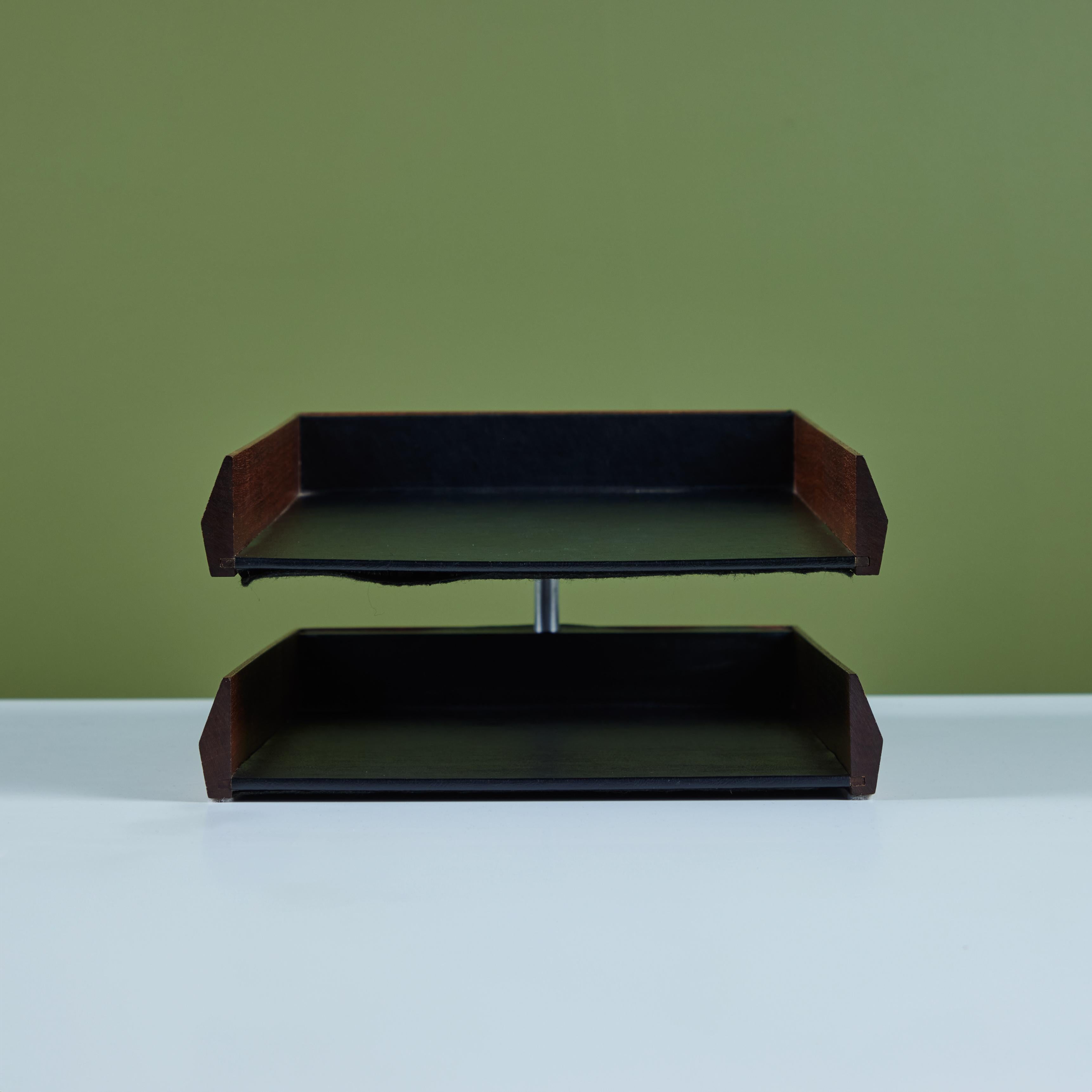 American Walnut Paper Tray with Black Naugahyde Interior For Sale