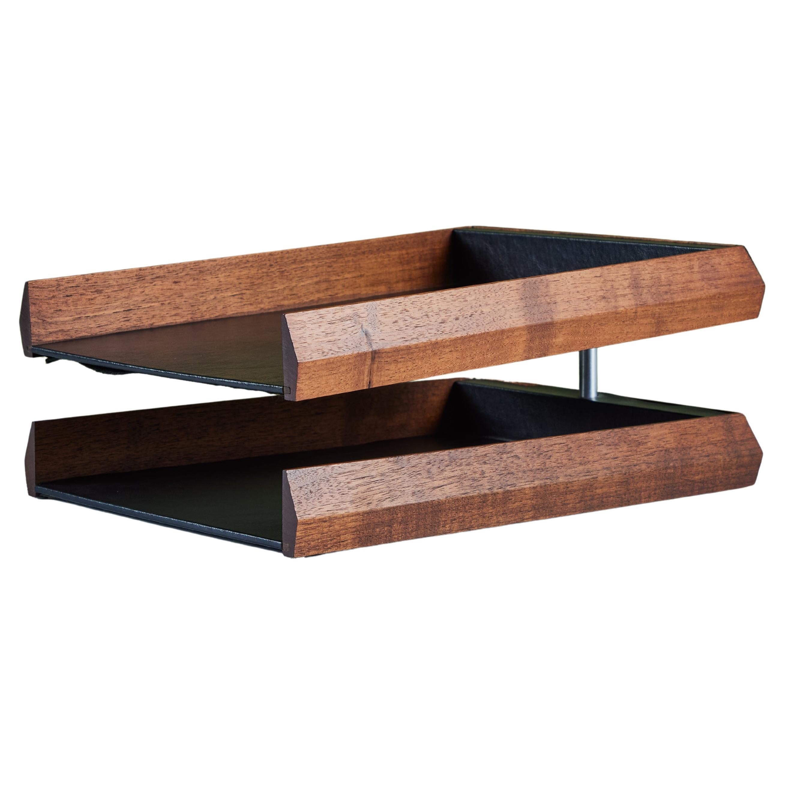 Walnut Paper Tray with Black Naugahyde Interior For Sale