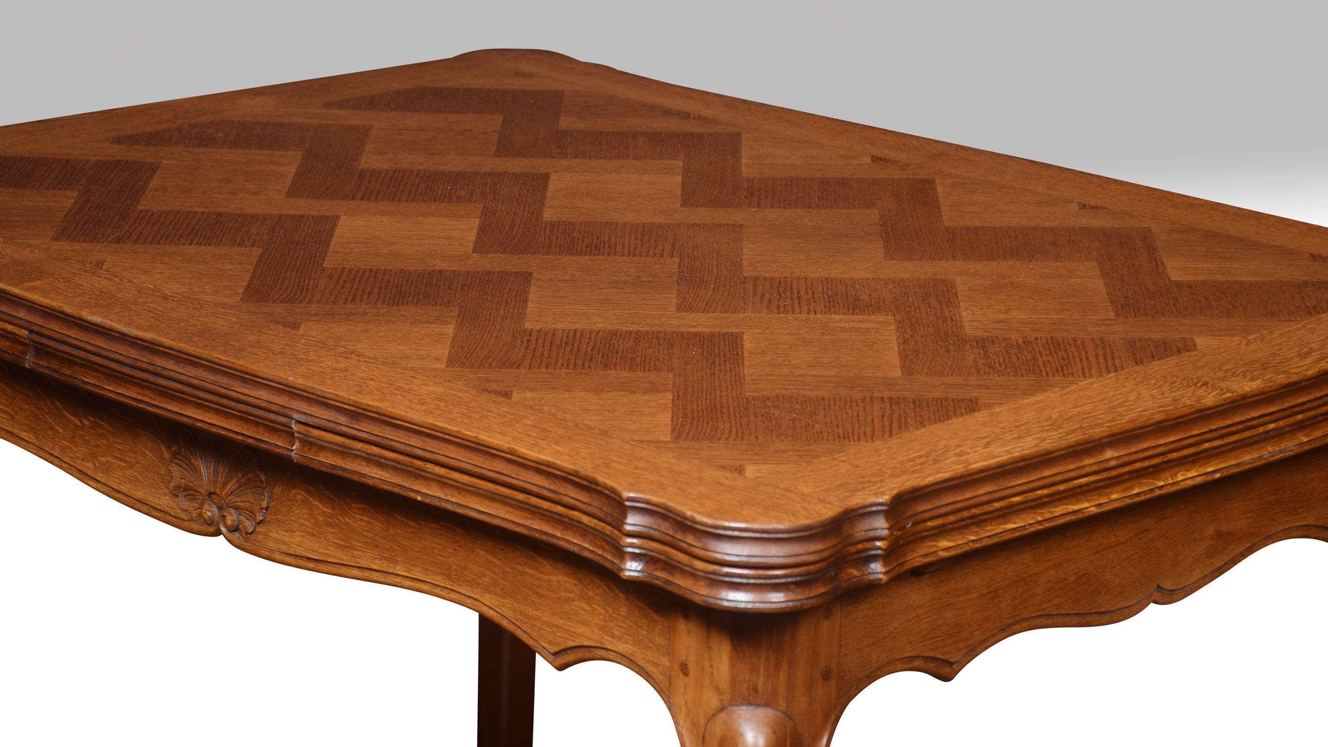 British Oak Parquetry French Draw Leaf Table