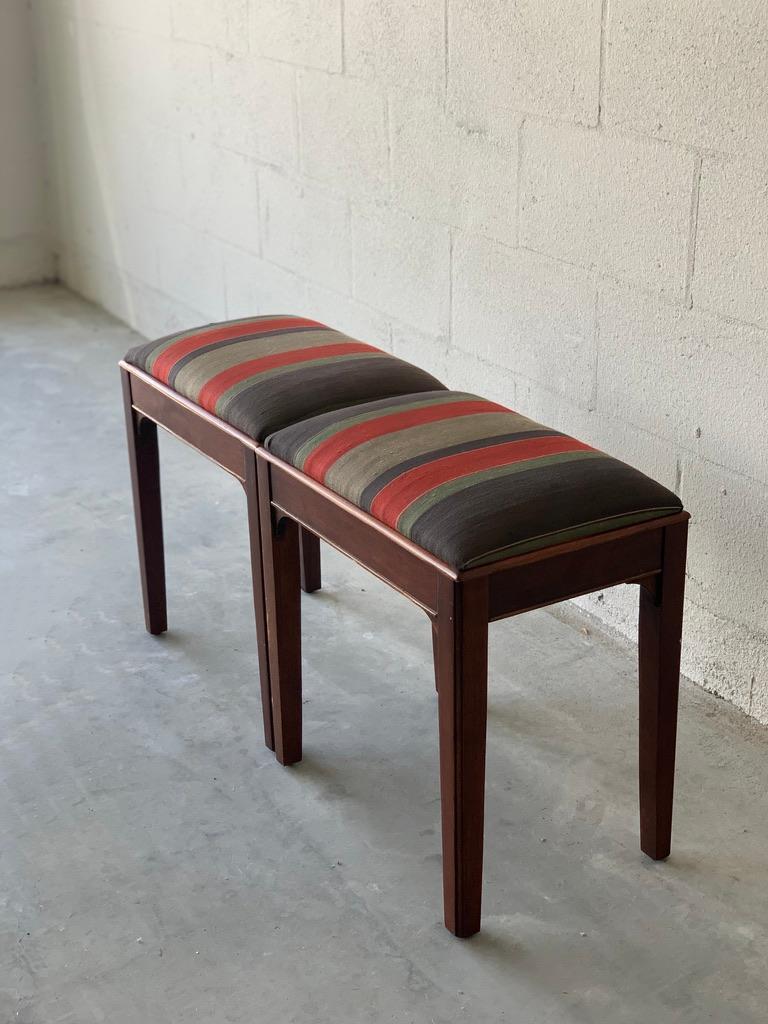  1960's Bench Stools, Set of 2, Original Vintage Roman Stripe Upholstery, Walnut In Good Condition For Sale In Clermont, FL