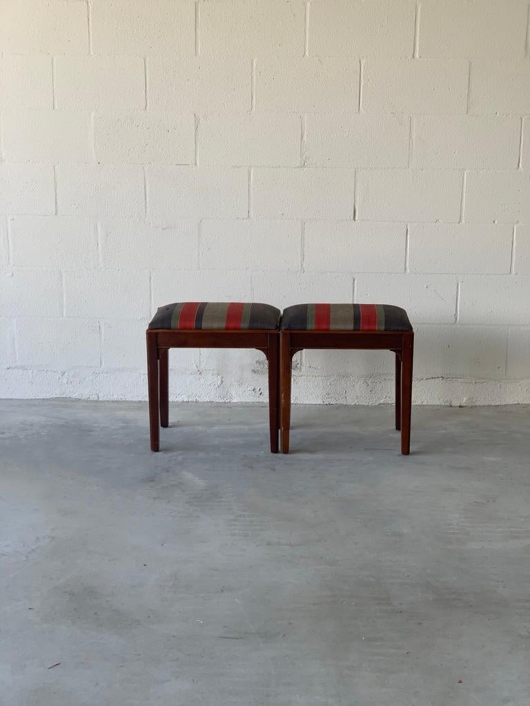 Mid-Century Modern  1960's Bench Stools, Set of 2, Original Vintage Roman Stripe Upholstery, Walnut For Sale