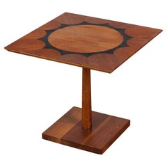 Walnut Pedestal Side Table with Sun Motif Inlay