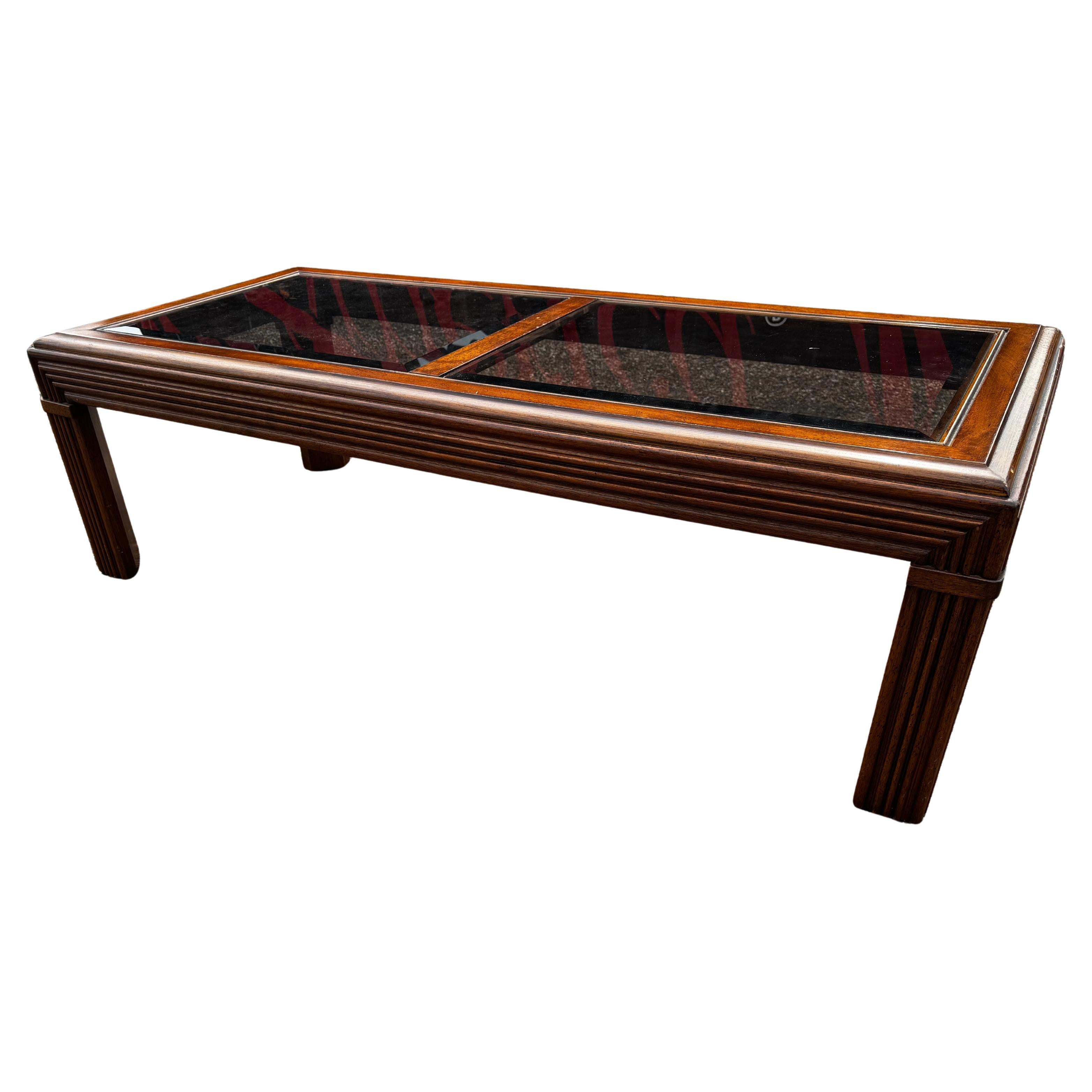Walnut Pencil Reed Beveled Glass Top Coffee Table For Sale