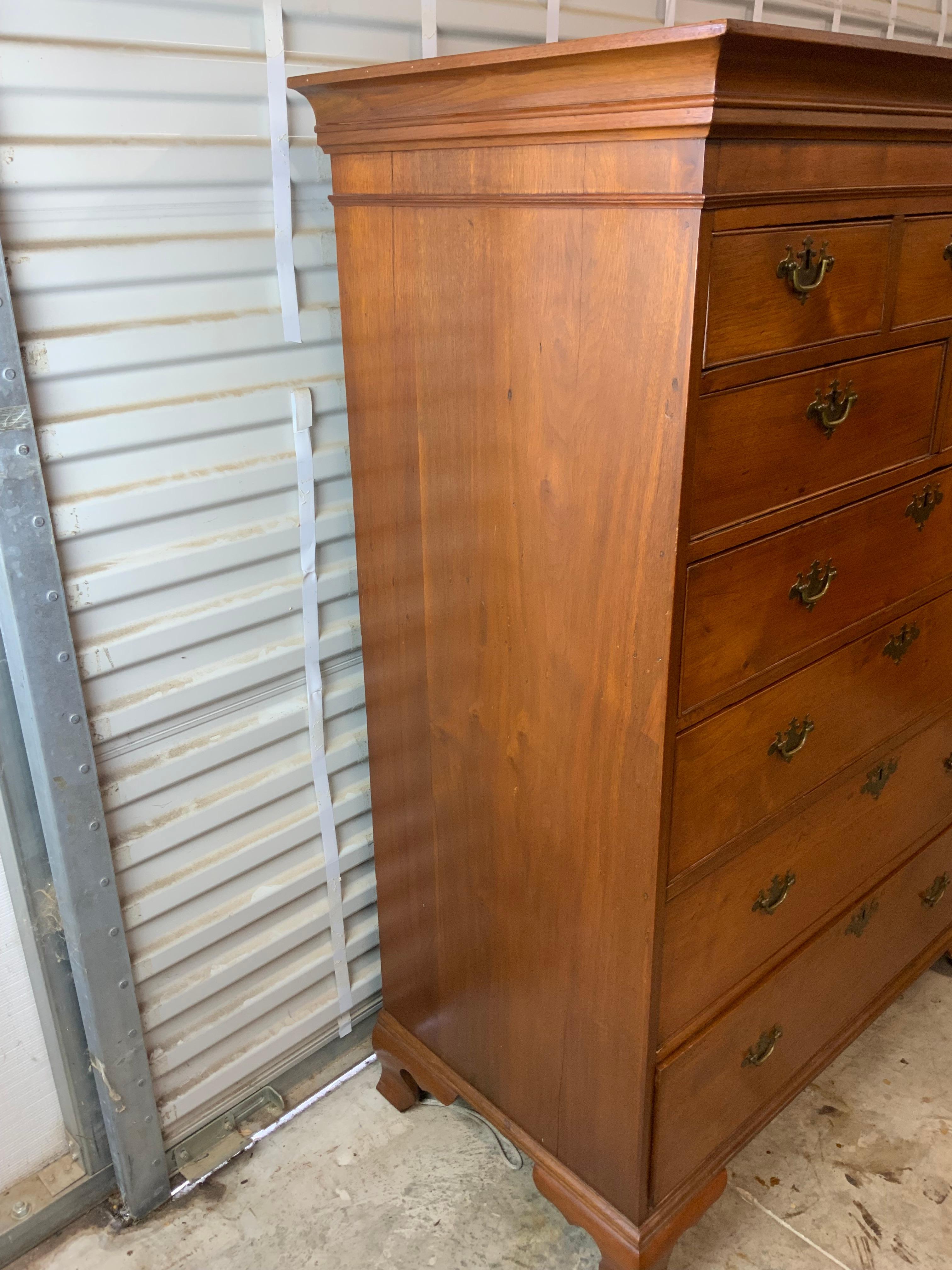 Very nice 18th century Pennsylvania Walnut tall chest. This piece has an old refinish with a great color and patina to the aged solid Walnut case. Secondary woods on the drawers are white Pine and Poplar. Drawers are working nicely and all have dust