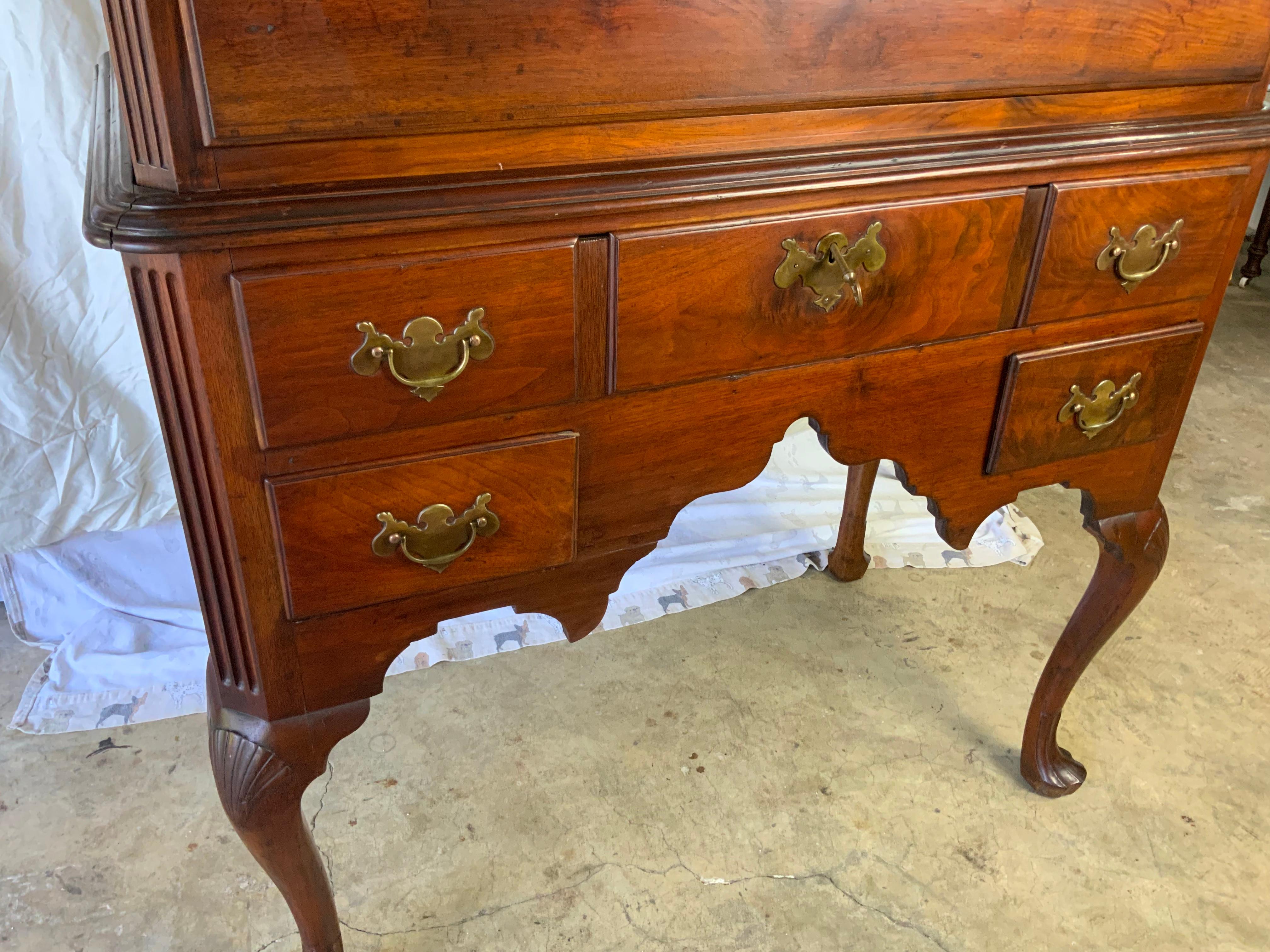 A very nice Walnut Queen Anne Flat top Highboy. This is a very nicely proportioned looking Highboy that I believe could possibly be a very old marriage of two 18th century pieces.  All the woods, color, patina, hardware. and construction of the two