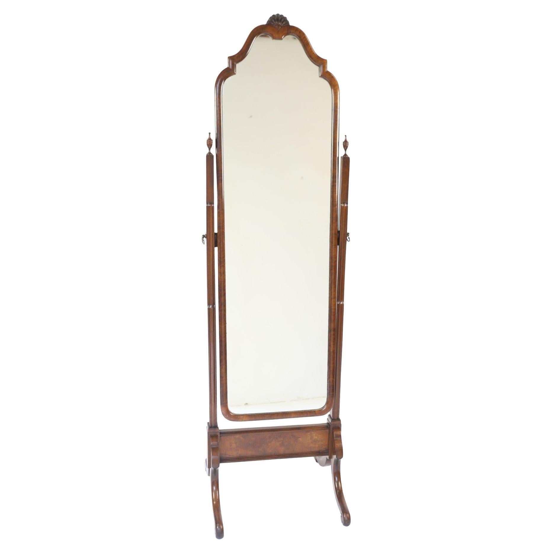 WALNUT Queen Anne Style Cheval Mirror, circa 1930s