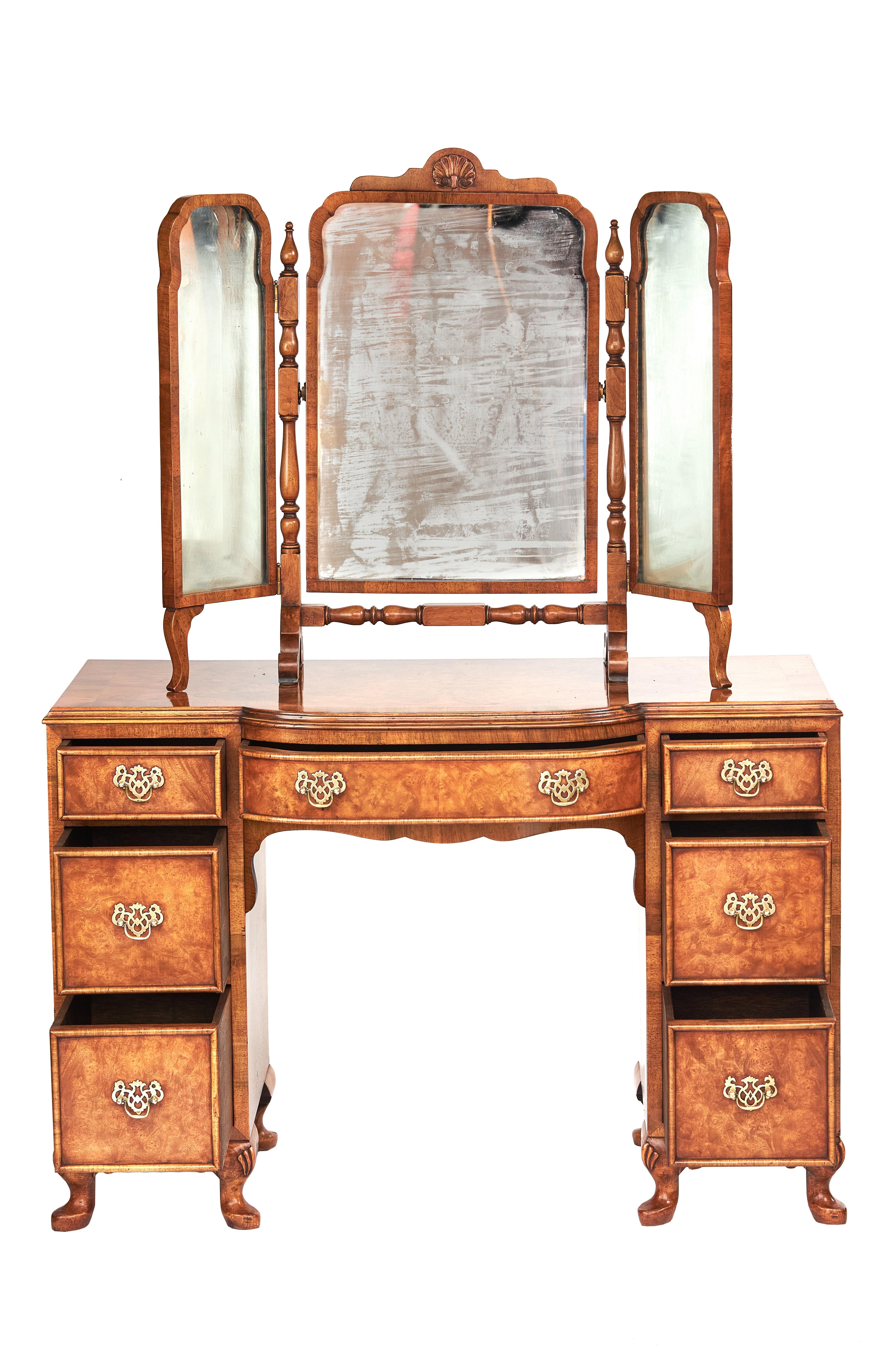 Walnut Queen Anne Style Kneehole Burr Walnut Dressing Table'
With Walnut & Carved Dressing Stool
circa 1930s
The Freestanding Walnut Framed Triple Mirror, With Centre Carved Shell Detail.
Replaced New Mirror Glasses, misted up in pictures
Kneehole
