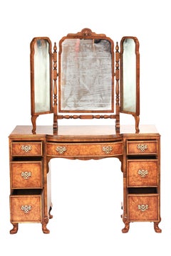 Walnut Queen Anne Style Kneehole Burr Walnut Dressing Table with Stool