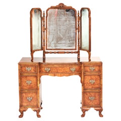 Walnut Queen Anne Style Kneehole Burr Walnut Dressing Table with Stool