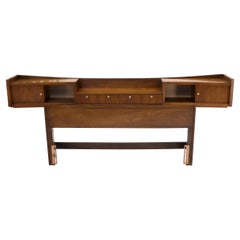 Used Walnut Queen Size Headboard w/ Concave Storage Cabinets w/ Sliding Doors