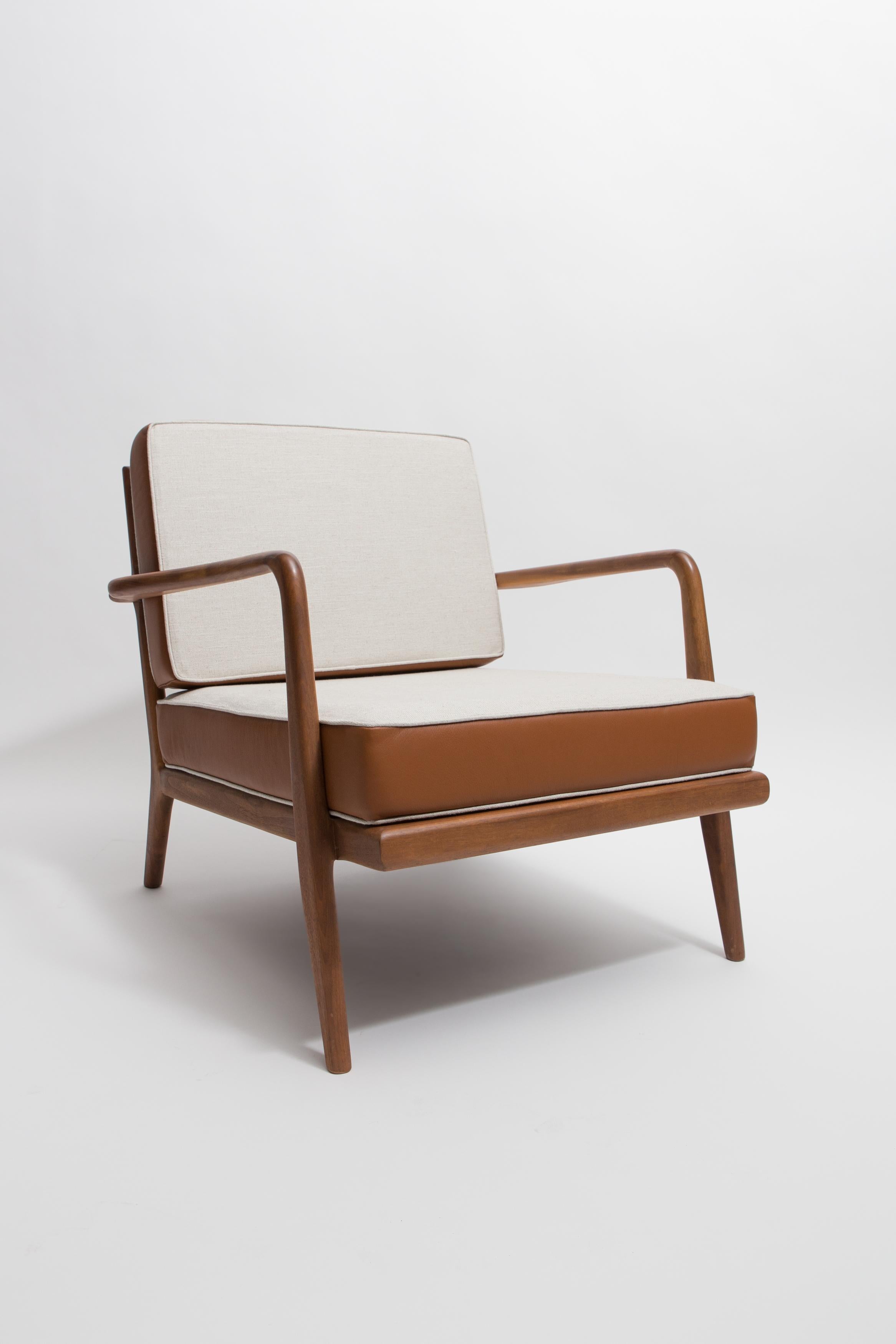 Mid-Century Modern Walnut Rail Back Armchair with Leather and Linen Cushions by Mel Smilow For Sale