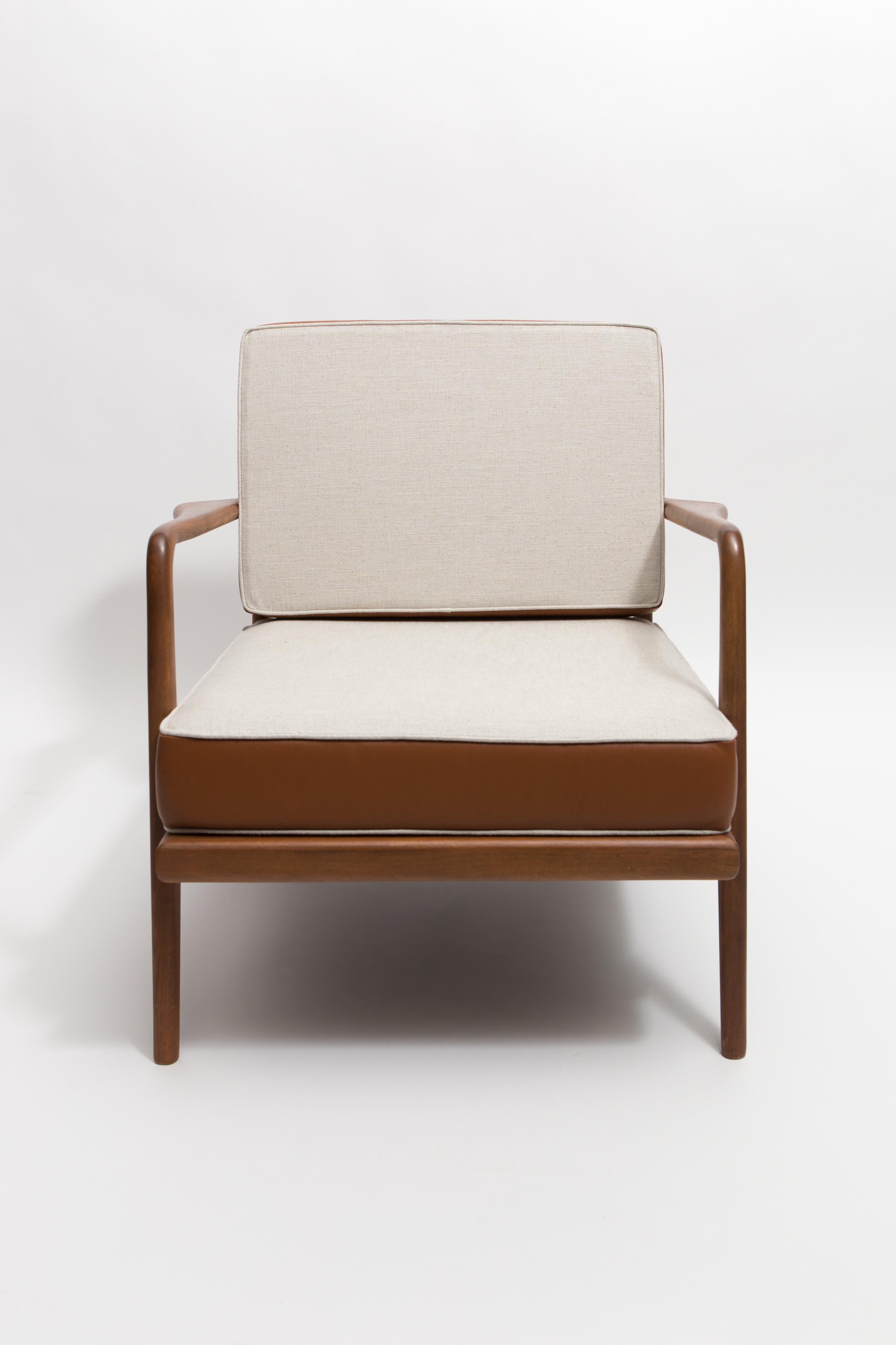 American Walnut Rail Back Armchair with Leather and Linen Cushions by Mel Smilow For Sale