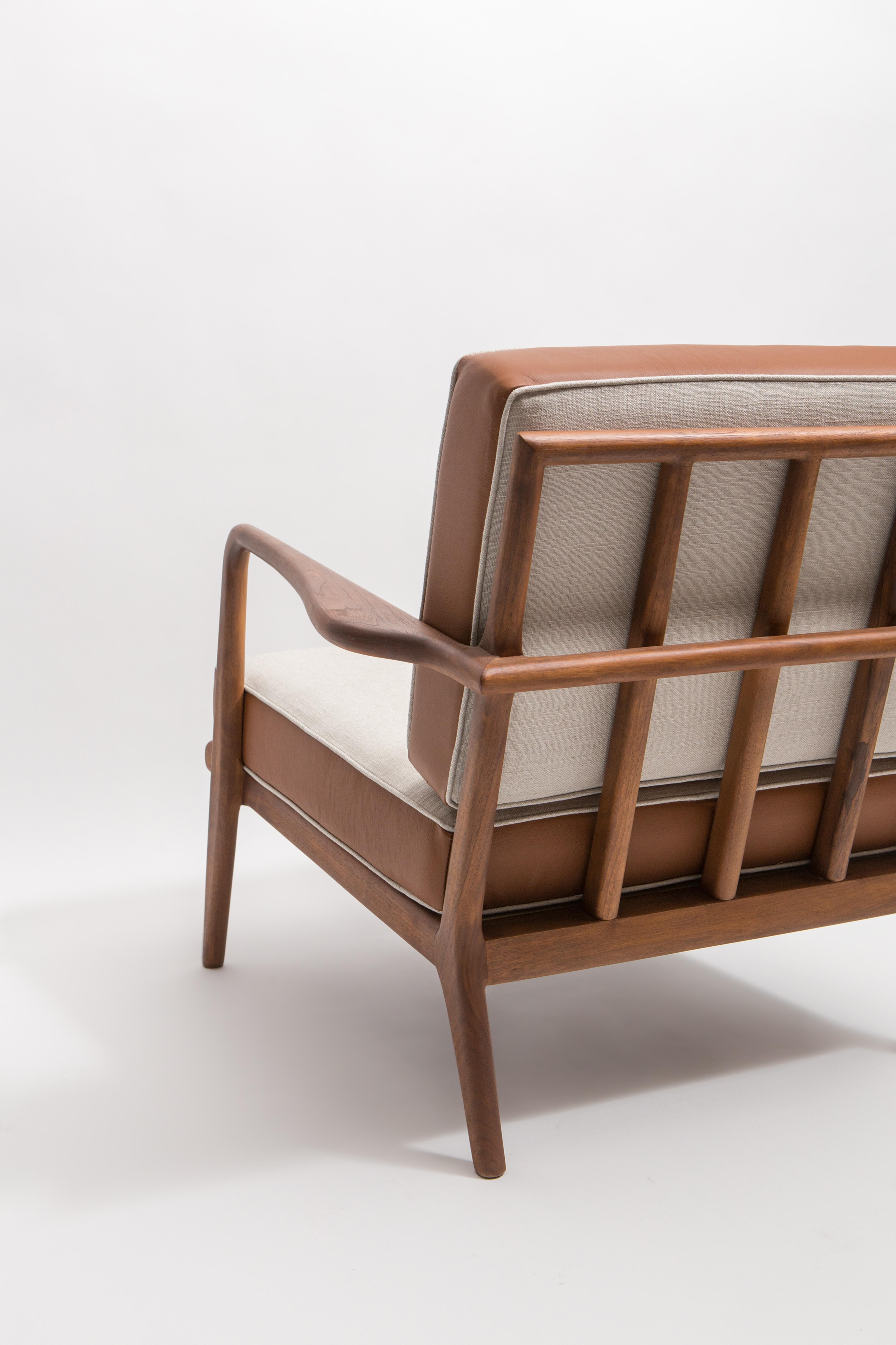 Hand-Crafted Walnut Rail Back Armchair with Leather and Linen Cushions by Mel Smilow For Sale