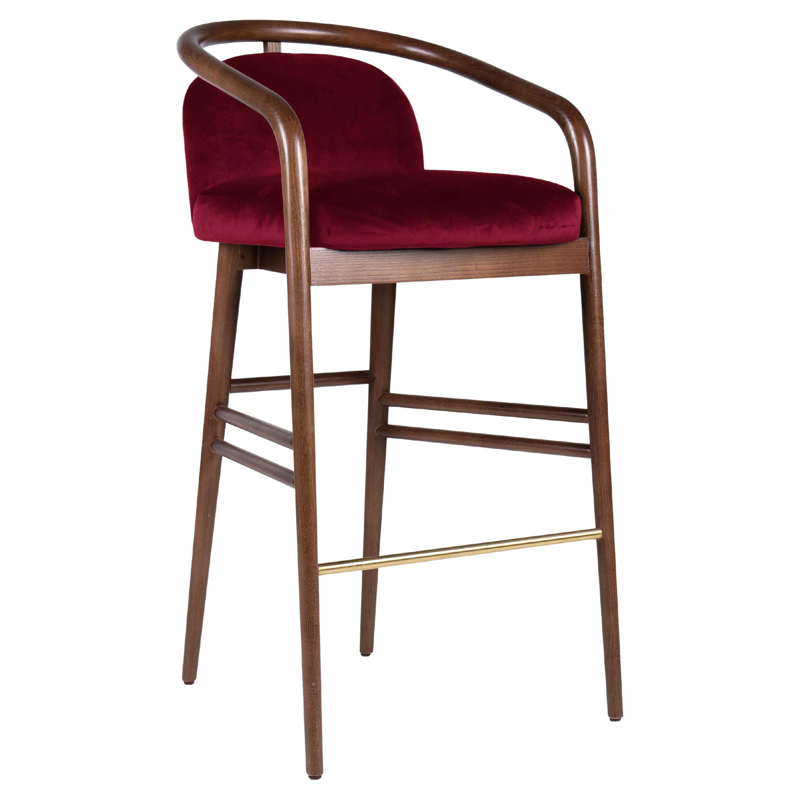 Walnut, Red Velvet Modern Essex Bar Stool