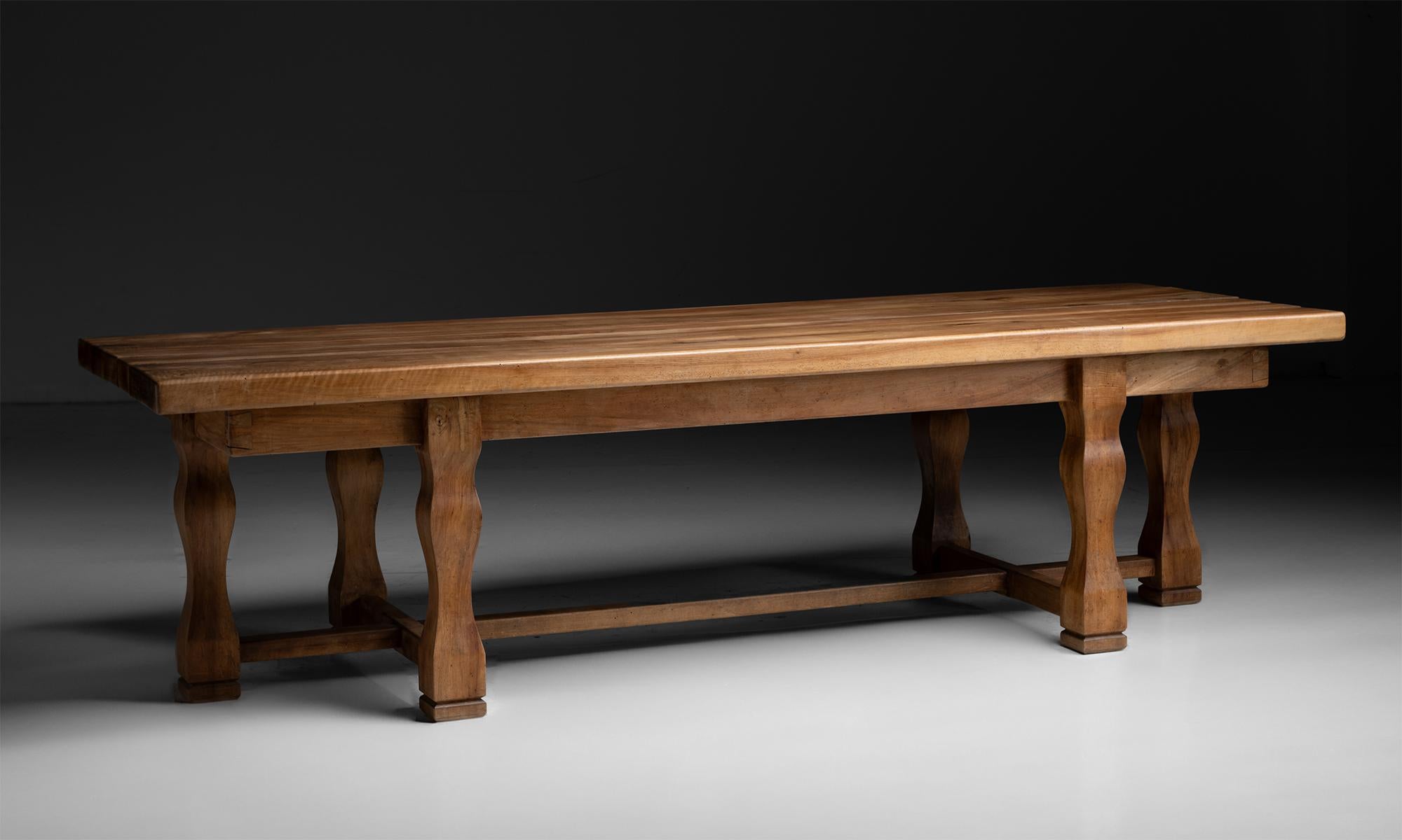 Walnut Refectory Table

England 1972

Unique form, 6 carved legs with stretcher and thick plank top.

107”L x 37.5”d x 29.5”h
