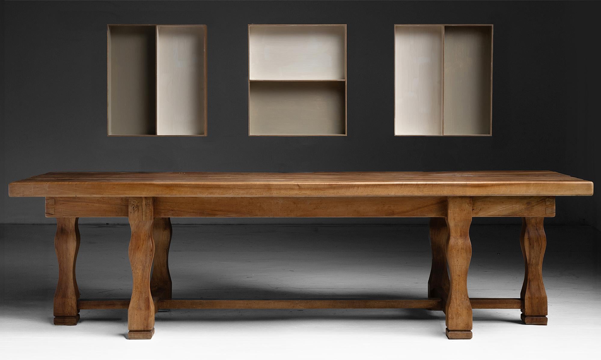 Walnut Refectory Table

England 1972

Unique form, 6 carved legs with stretcher and thick plank top.

107”L x 37.5”d x 29.5”h