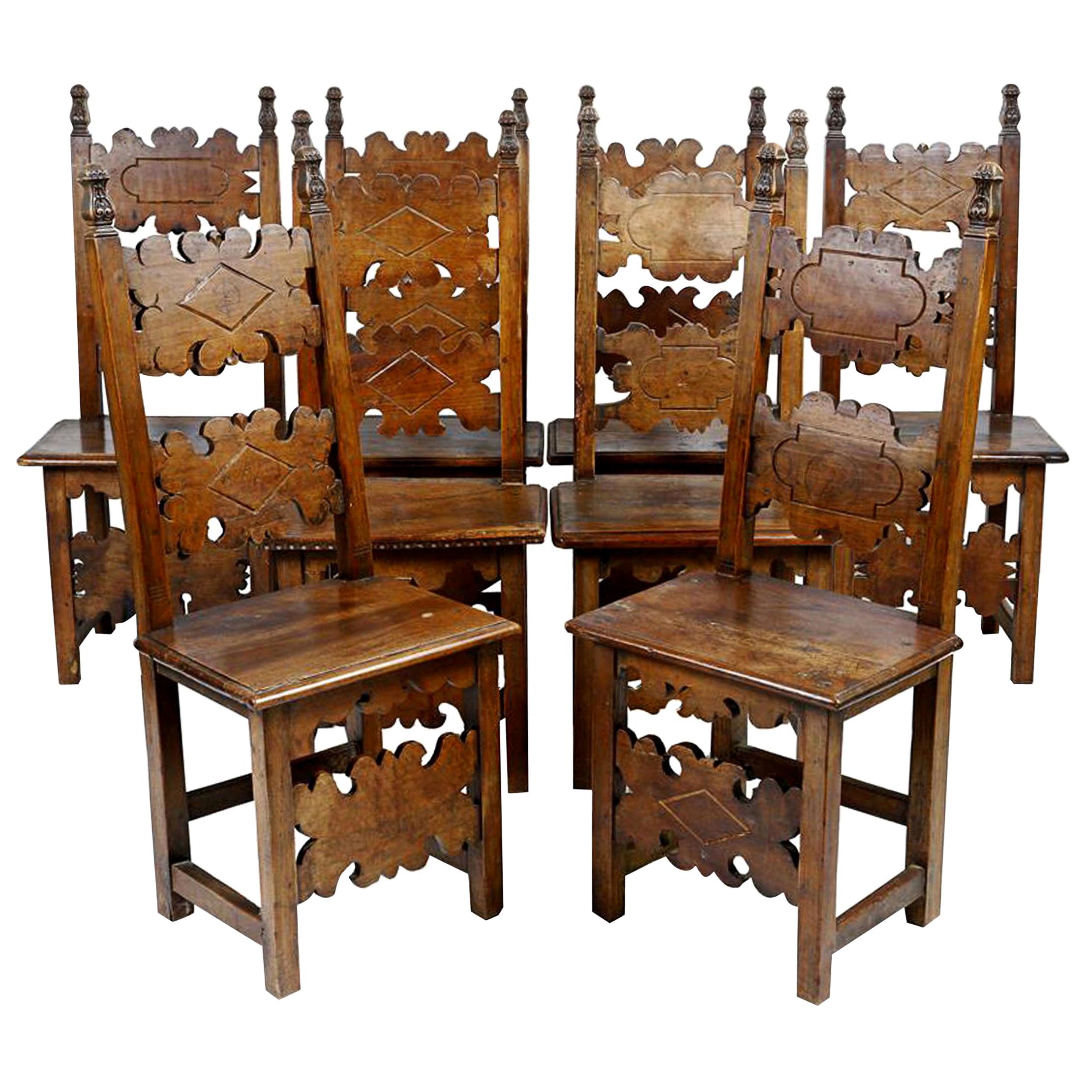 Antique, Italian Walnut Renaissance Dining Chairs.