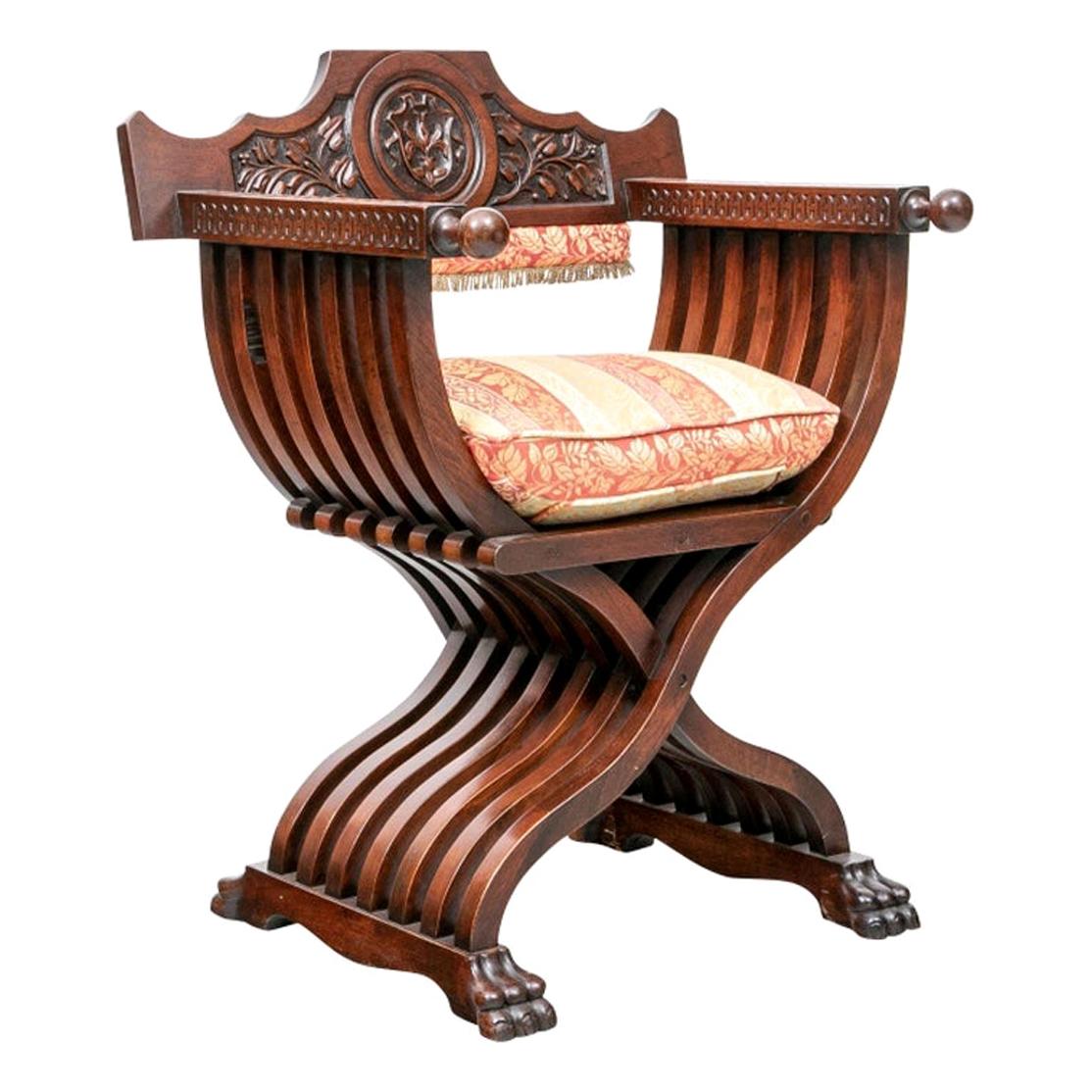 Walnut Renaissance Revival Folding Savonarola or Faldstool Chair