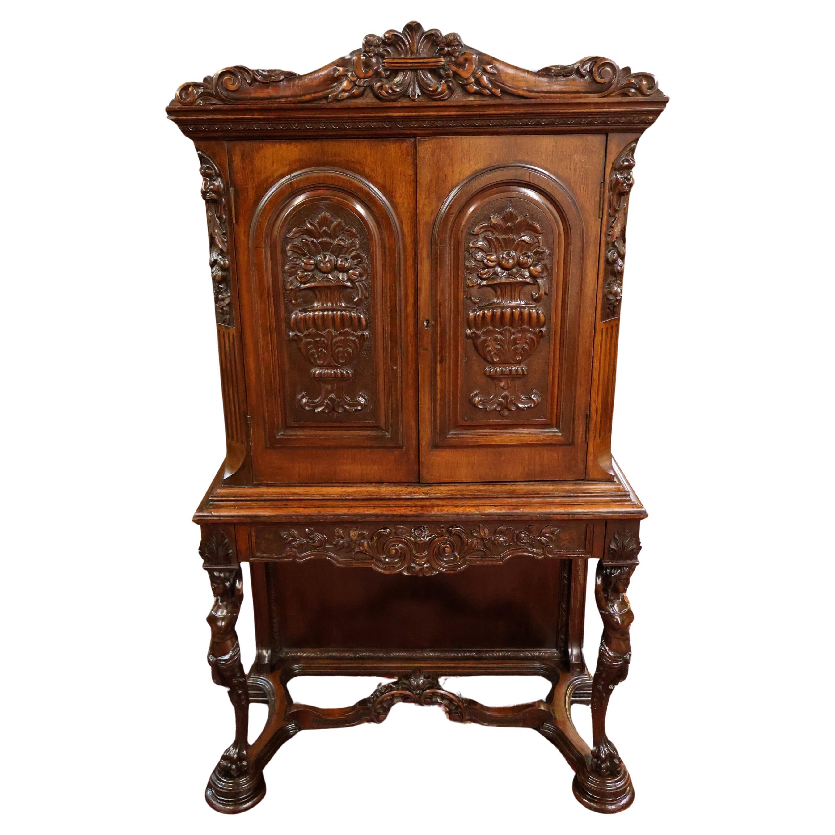 Walnut Renaissance Revival Style Two Door China Cabinet Circa 1920's
