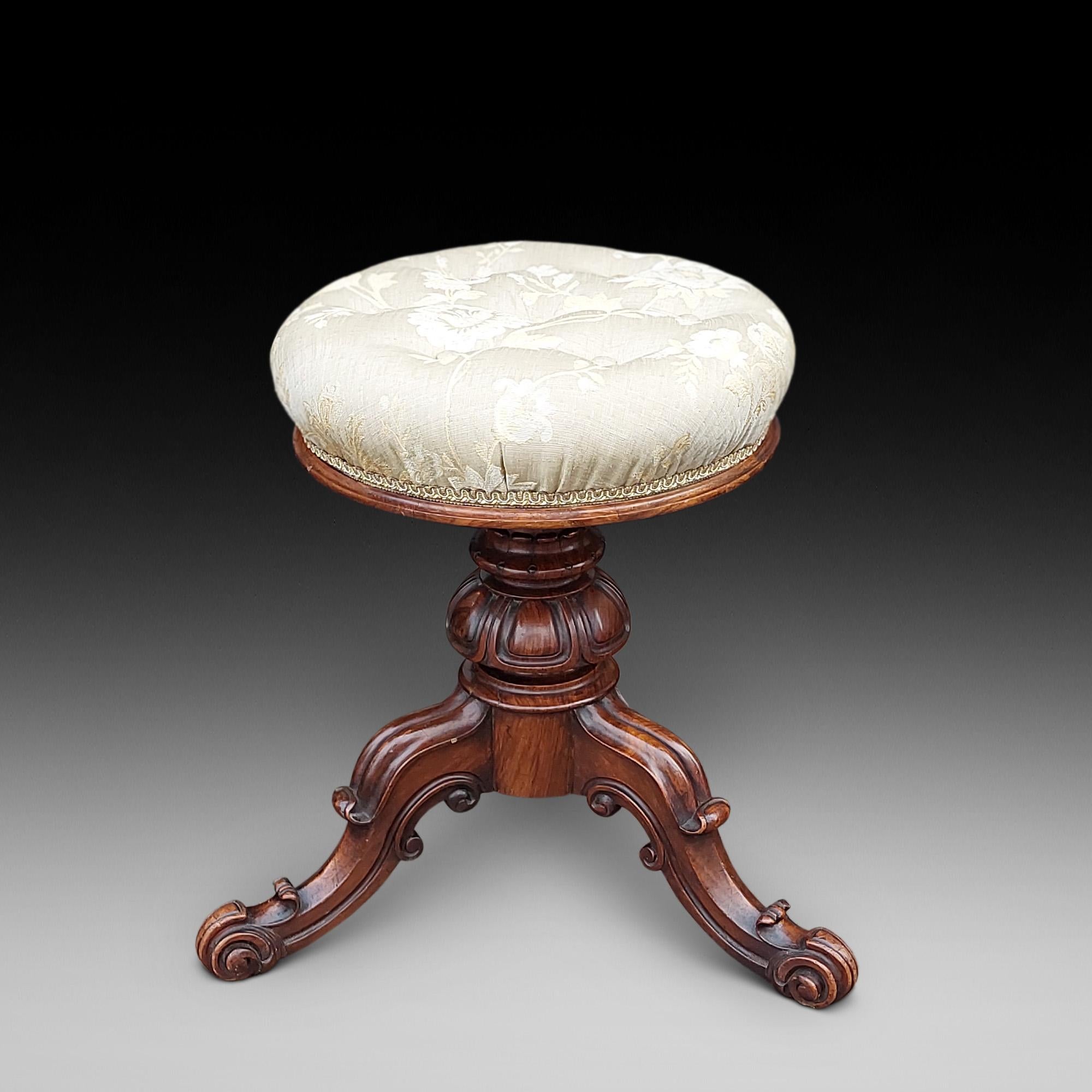 Walnut Rise and Fall Dressing Table/Music Piano Stool - on Baluster Column and Carved Tripod Legs on Scroll Feet - 14