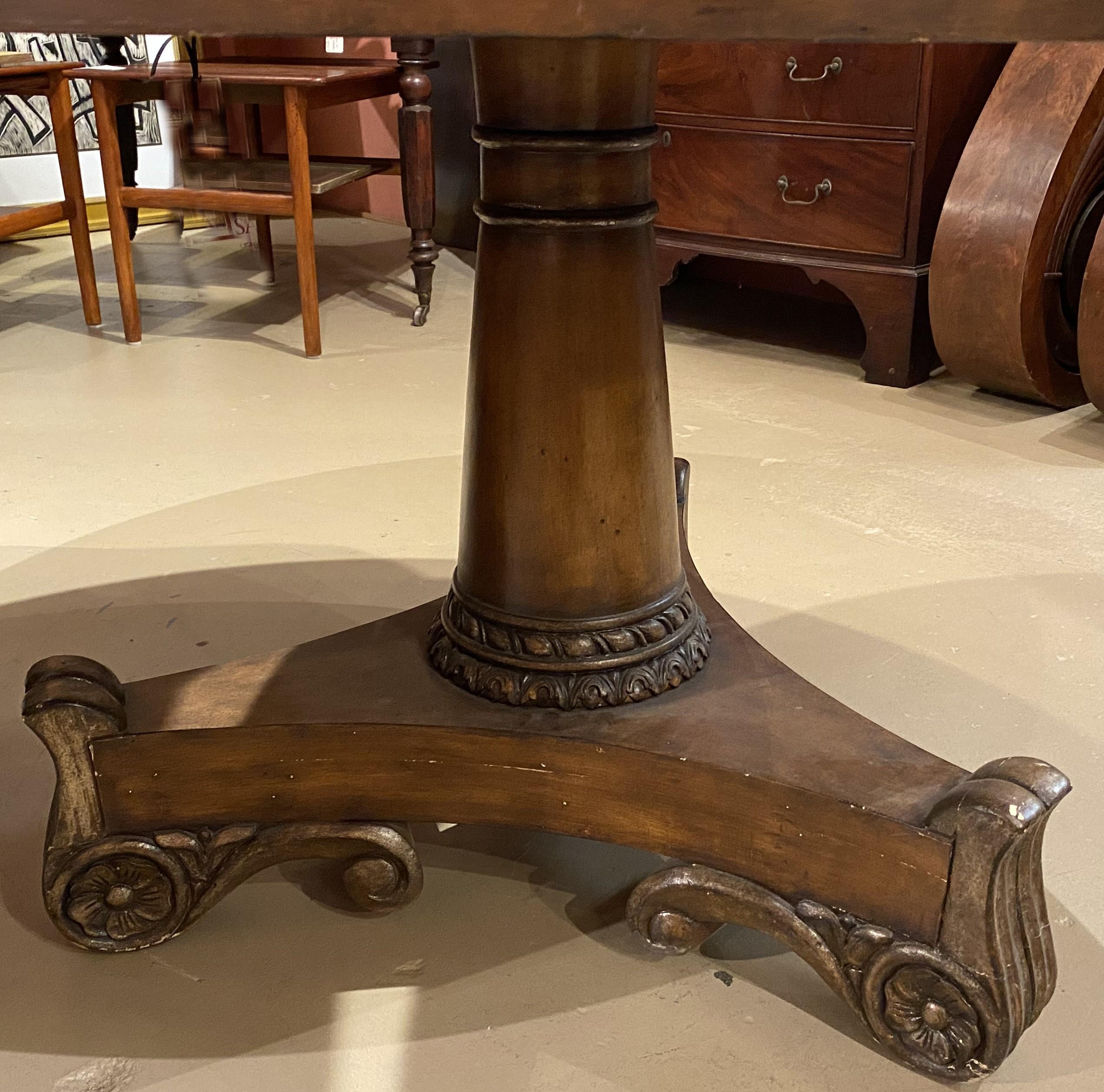 Empire Walnut Round Leather Top Polychromed Center Table in the Classical Form For Sale