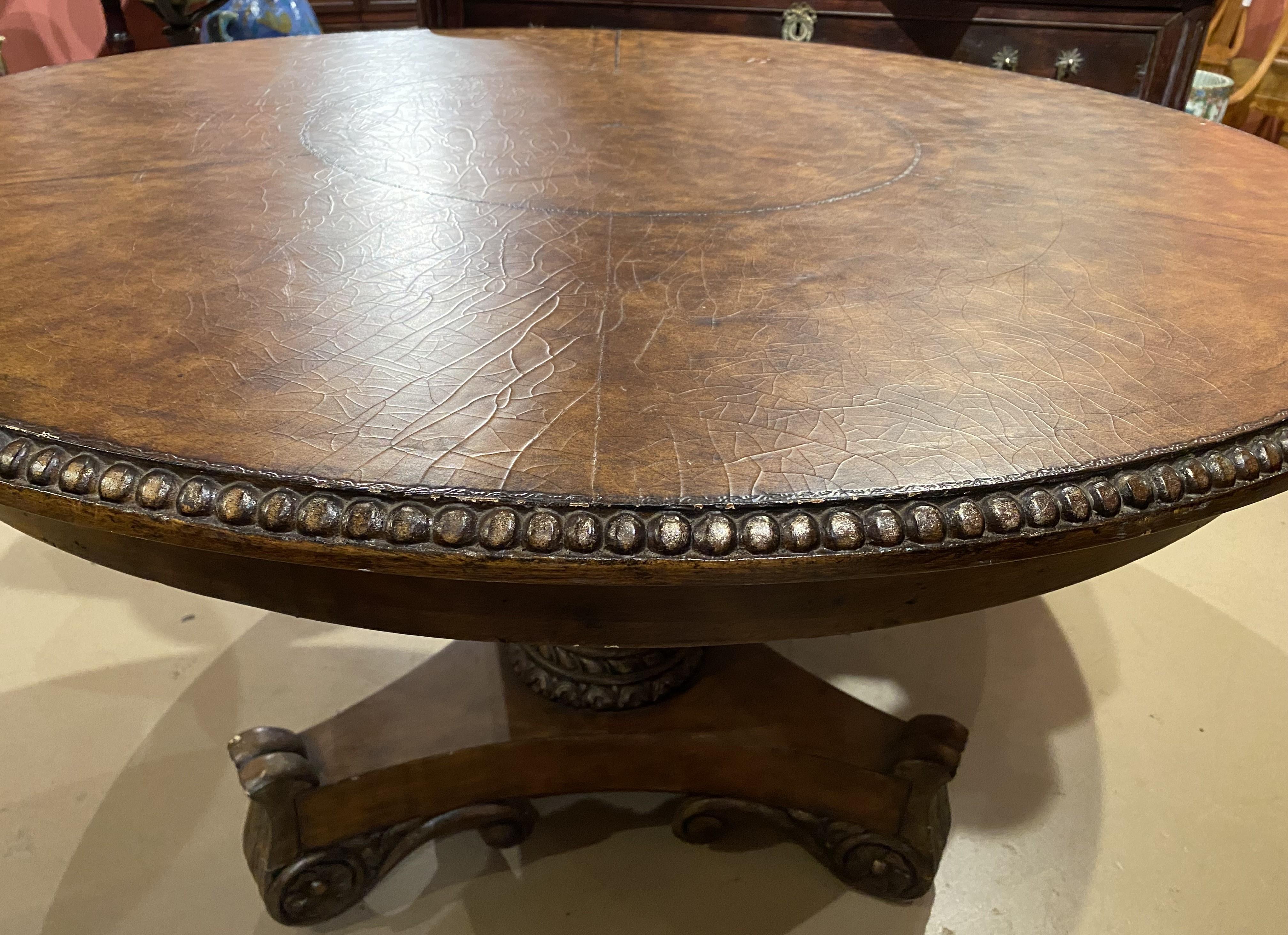 Walnut Round Leather Top Polychromed Center Table in the Classical Form In Good Condition For Sale In Milford, NH