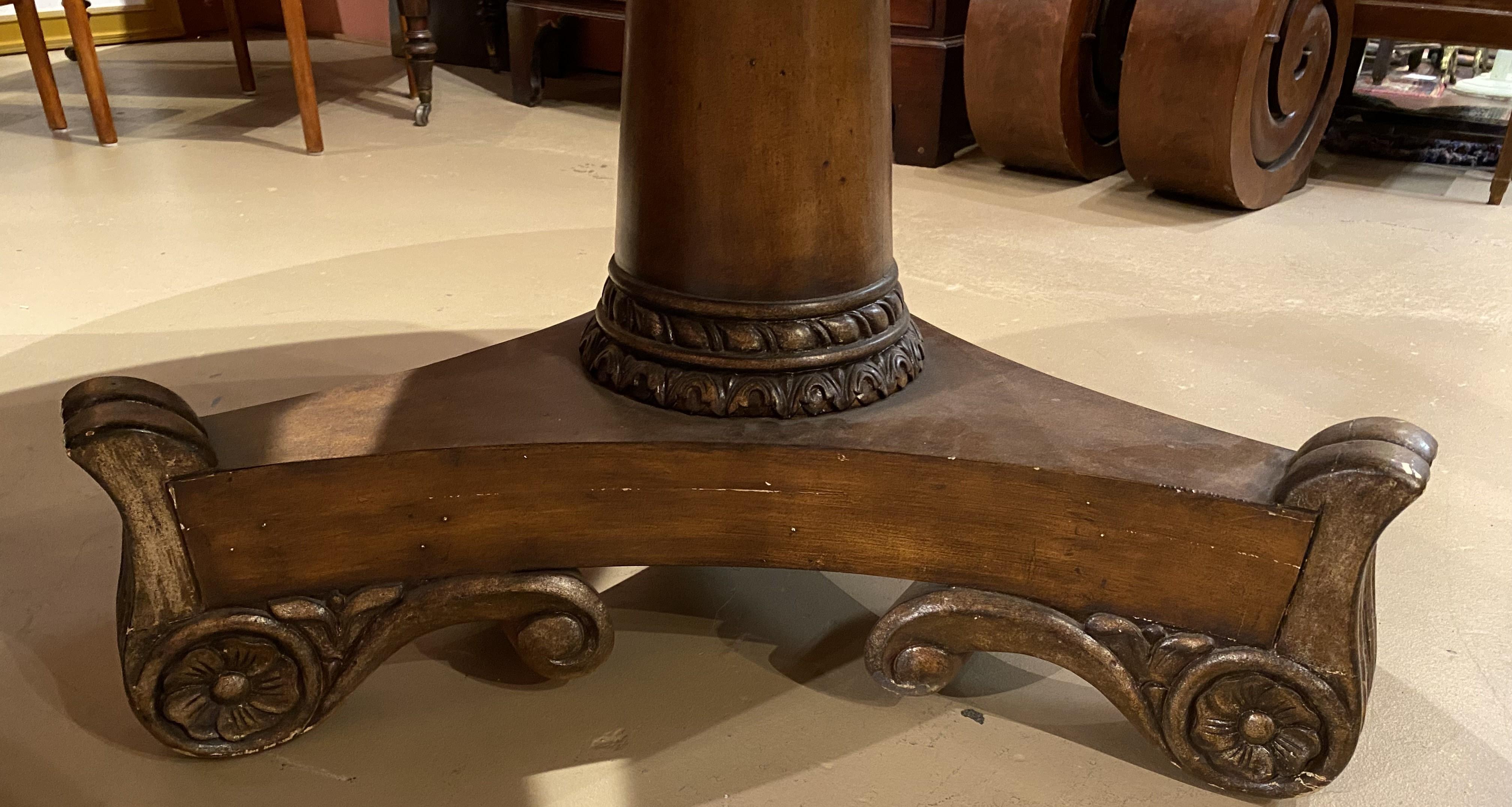 Walnut Round Leather Top Polychromed Center Table in the Classical Form For Sale 1