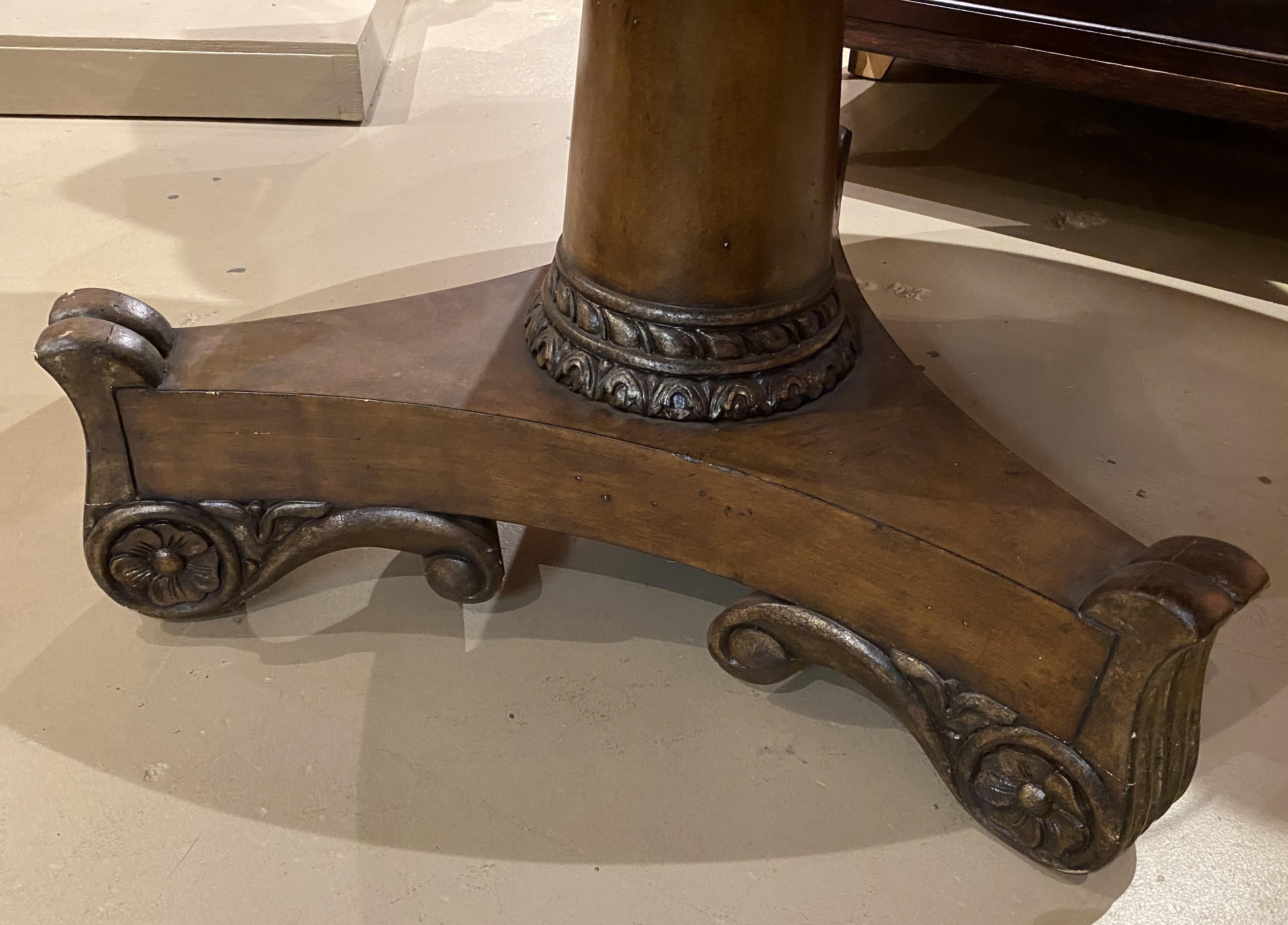 Walnut Round Leather Top Polychromed Center Table in the Classical Form For Sale 2