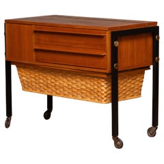 Walnut Sewing Table with Black Metal Legs On Wheels. Germany 1960s