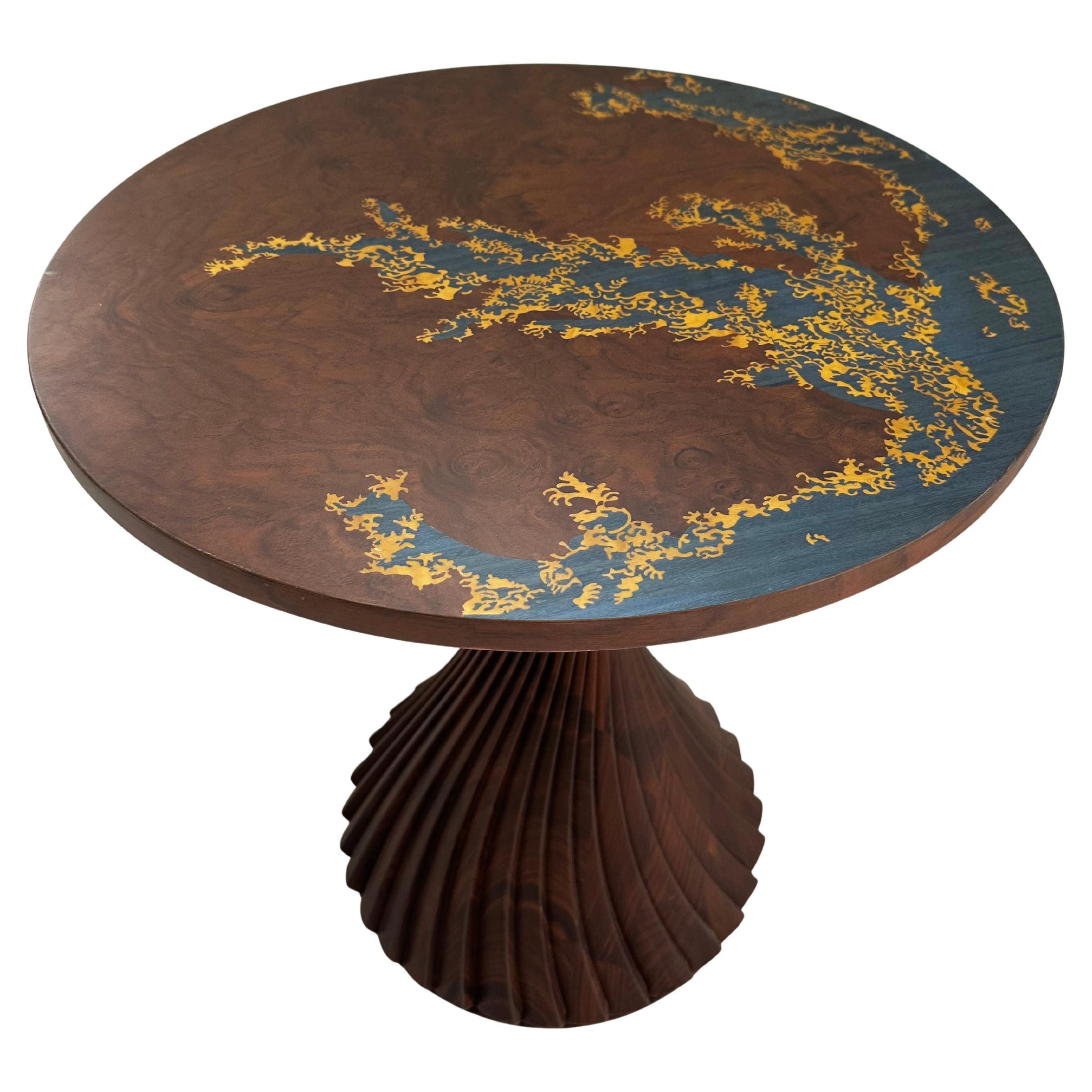 Walnut Side Table with Mother of Pearl Marquetry Contemporary Design on Top