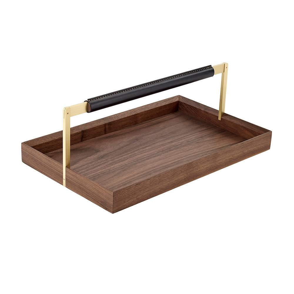 Brass Walnut Side Table with Removable Tray Top For Sale