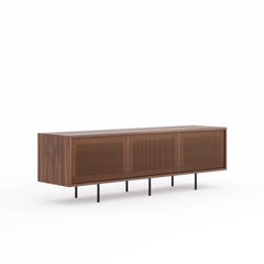 Walnut sideboard TV stand with three slatted doors in mid century modern style