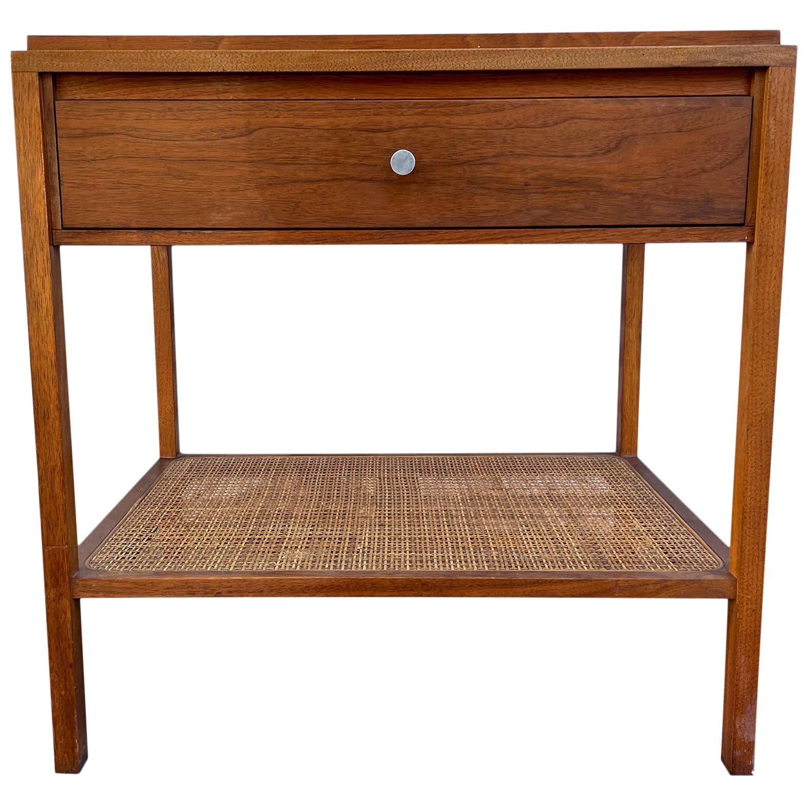 Walnut Single Nightstand Side Lamp Table Cane Lower Shelf