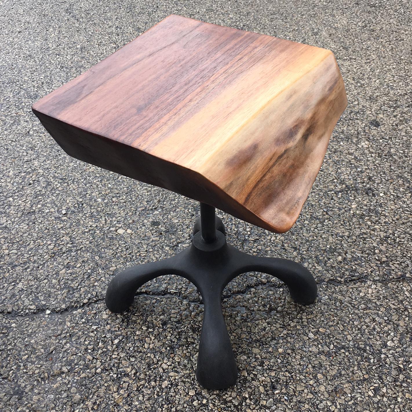 Contemporary Walnut Slab Side Table, Cast Aluminum Base, Hand Carved Jordan Mozer, USA, 2017 For Sale