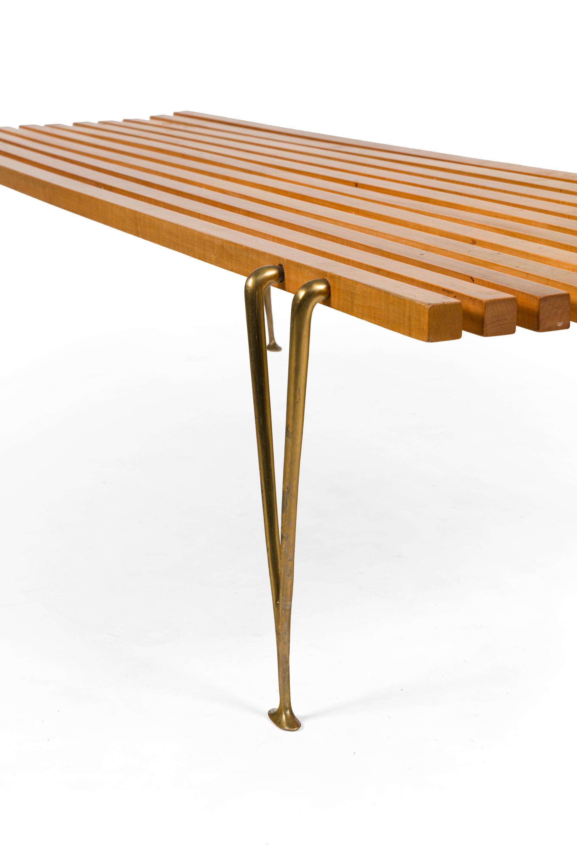 Walnut Slat Bench with Cast Brass Legs by Hugh Acton, USA, 1950s In Good Condition In New York, NY
