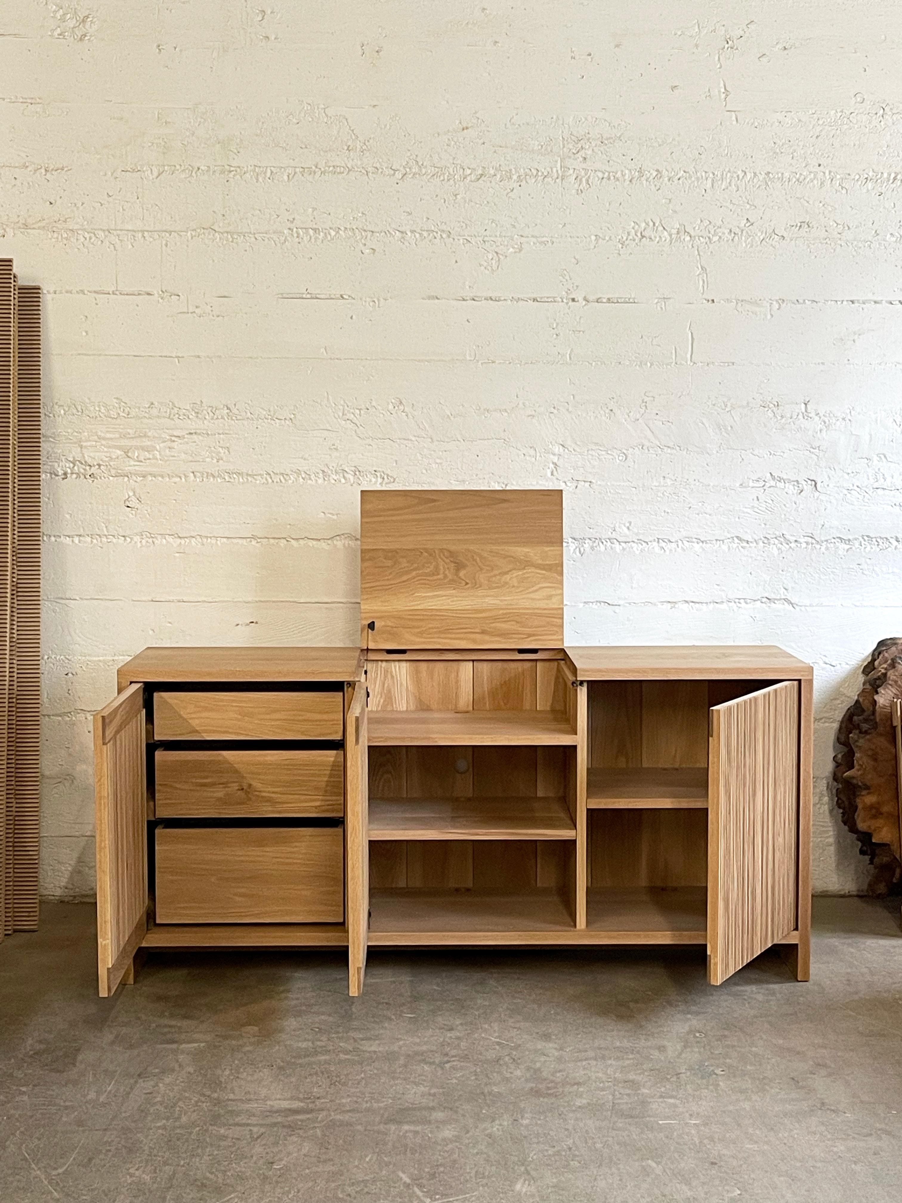 Contemporary Walnut Slatted Credenza / Sideboard With Record Player Hatch For Sale