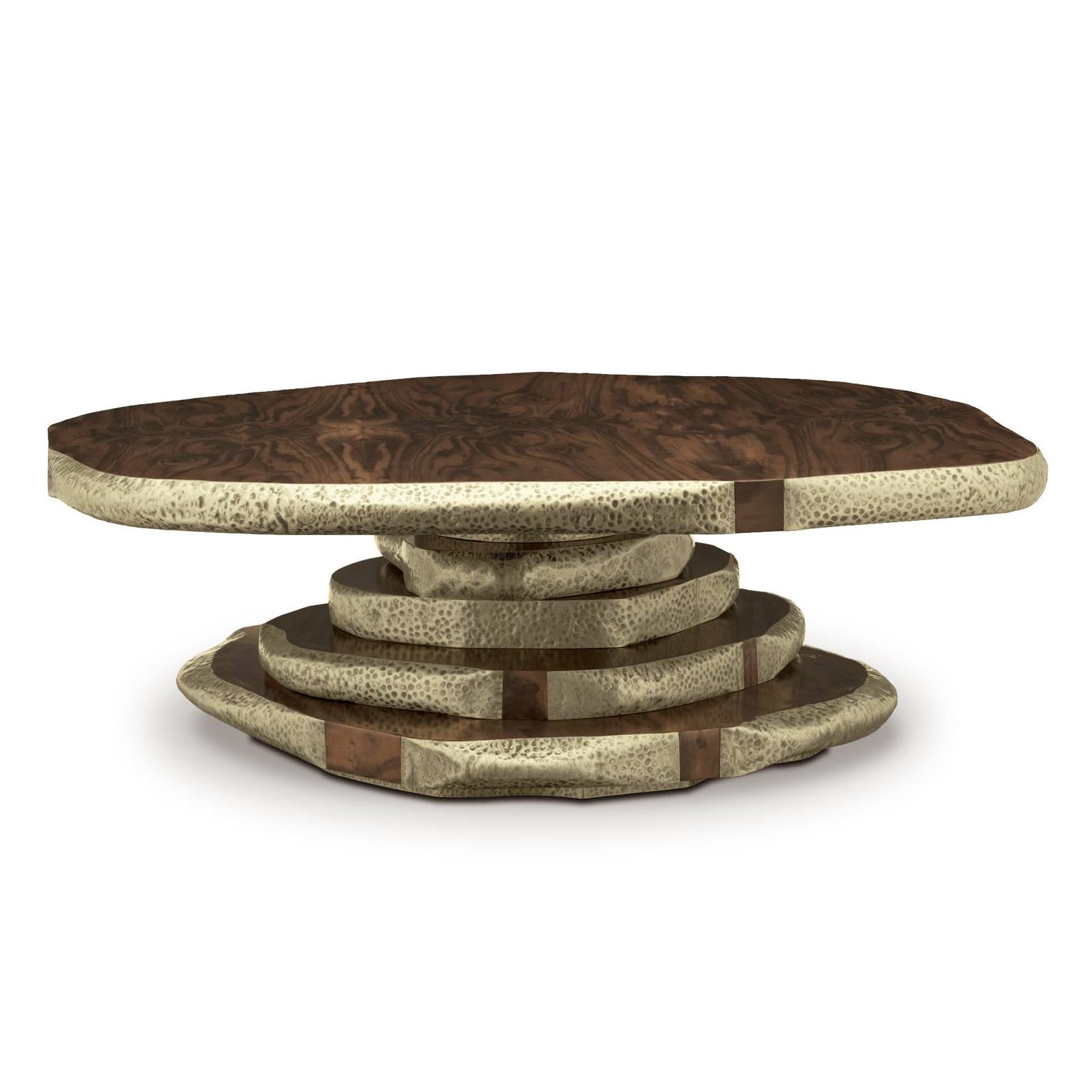 Portuguese Walnut Slices Brassed Coffee Table For Sale
