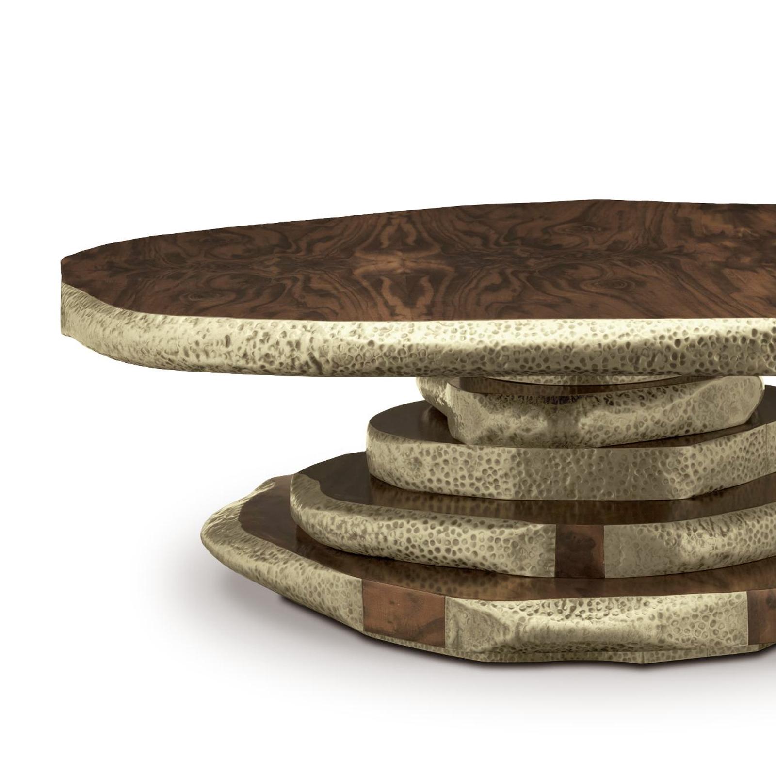 Hammered Walnut Slices Brassed Coffee Table For Sale