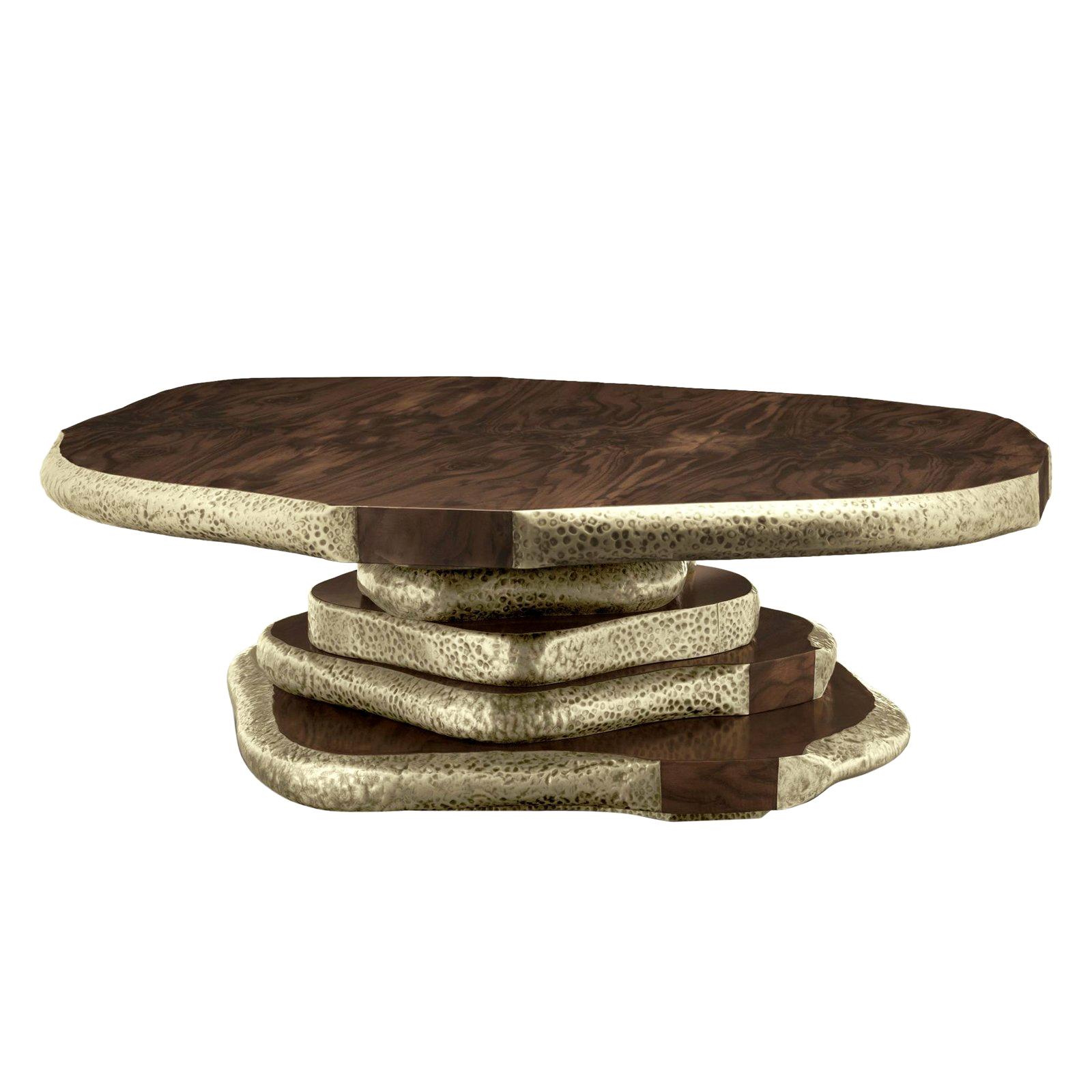 Walnut Slices Brassed Coffee Table For Sale