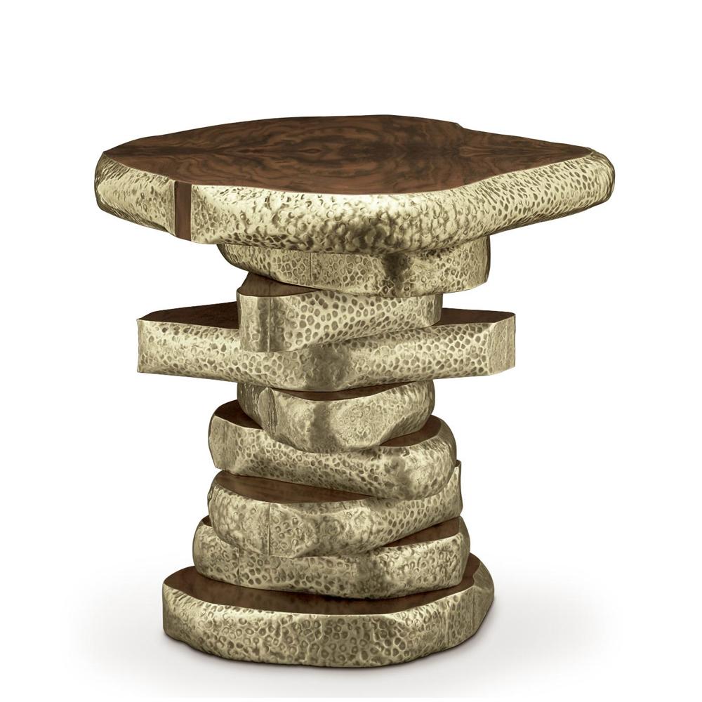 Side table walnut slices brassed made with
palisander veneer and walnut wood veneer.
With solid hand-hammered brass in glossy finish.

 