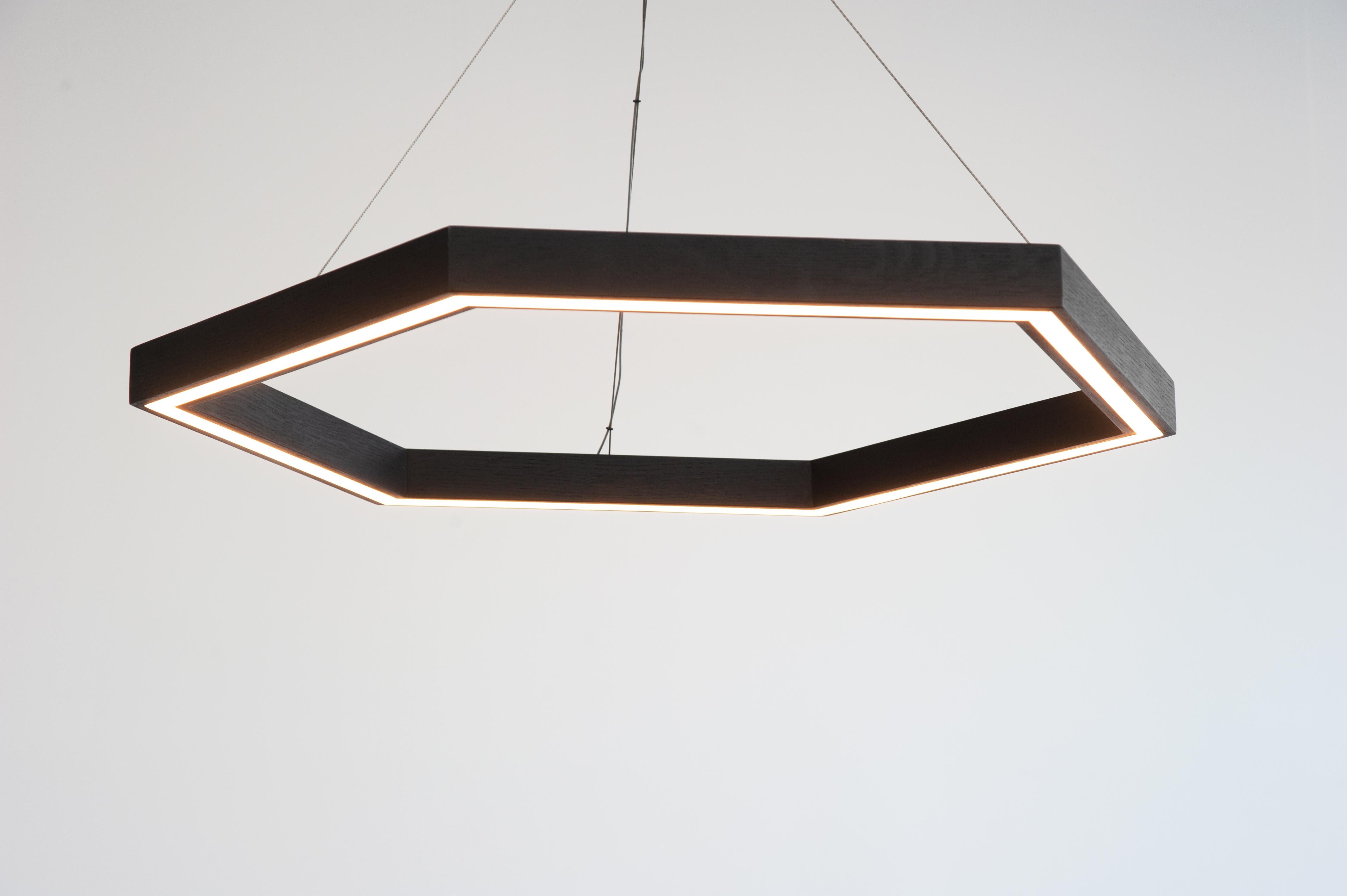 Contemporary Walnut Small Hexagon Chandelier by Hollis & Morris For Sale