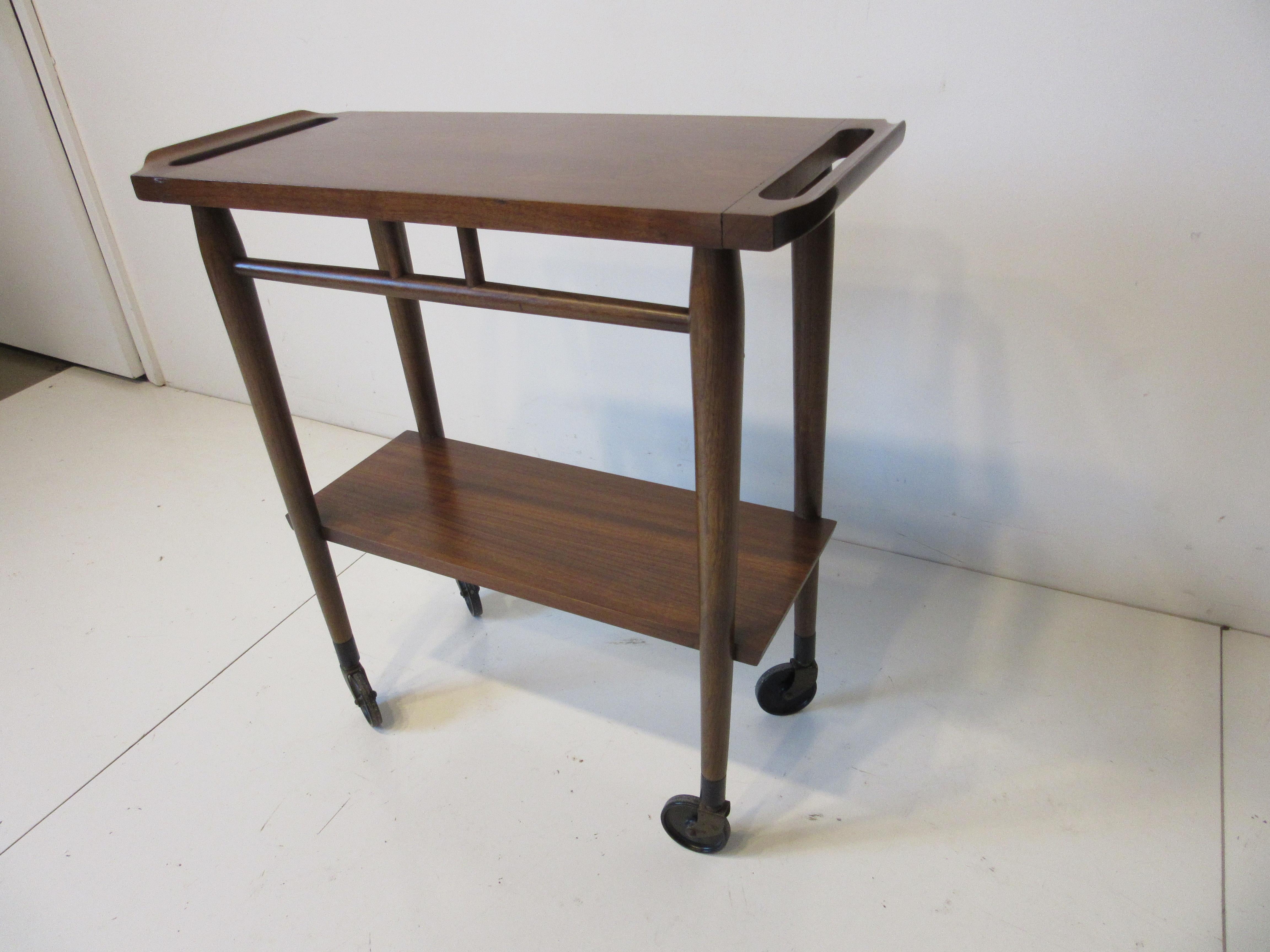 Mid-Century Modern Walnut Smaller Rolling Bar Cart by Lane