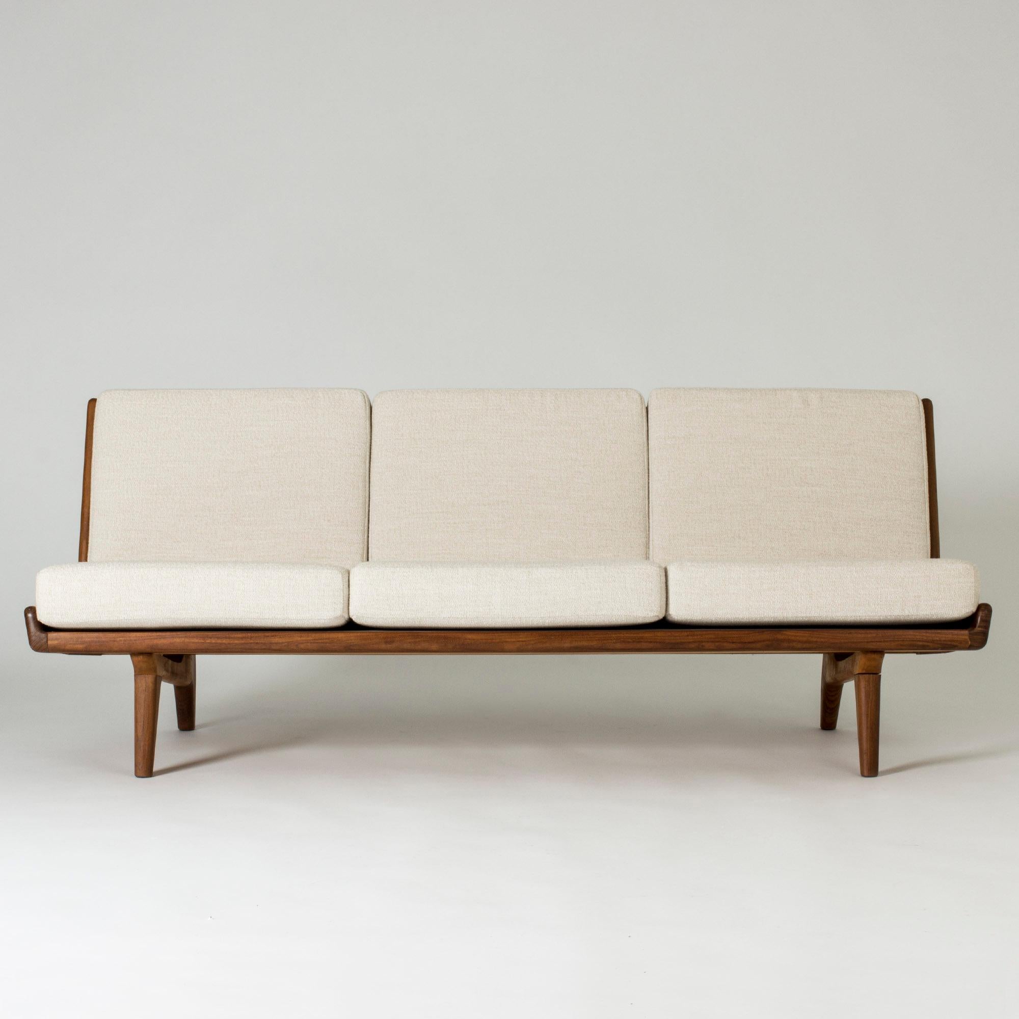 Scandinavian Modern Walnut Sofa with Leather Webbing by Gustaf Hiort Af Ornäs, Finland, 1950s For Sale