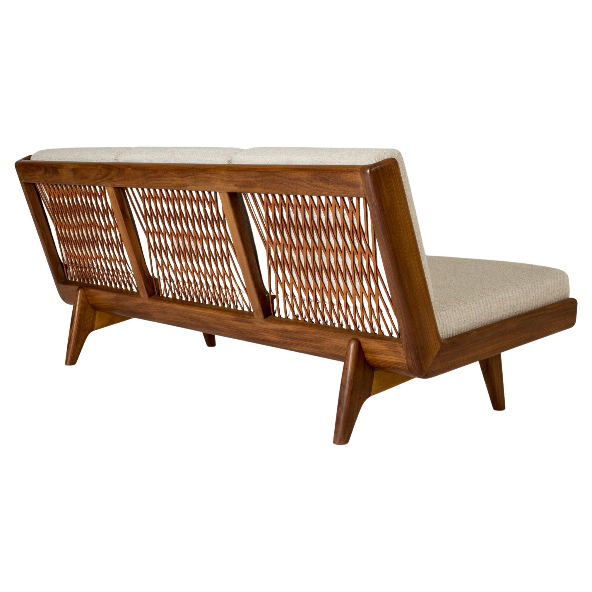 Walnut Sofa with Leather Webbing by Gustaf Hiort Af Ornäs, Finland, 1950s For Sale