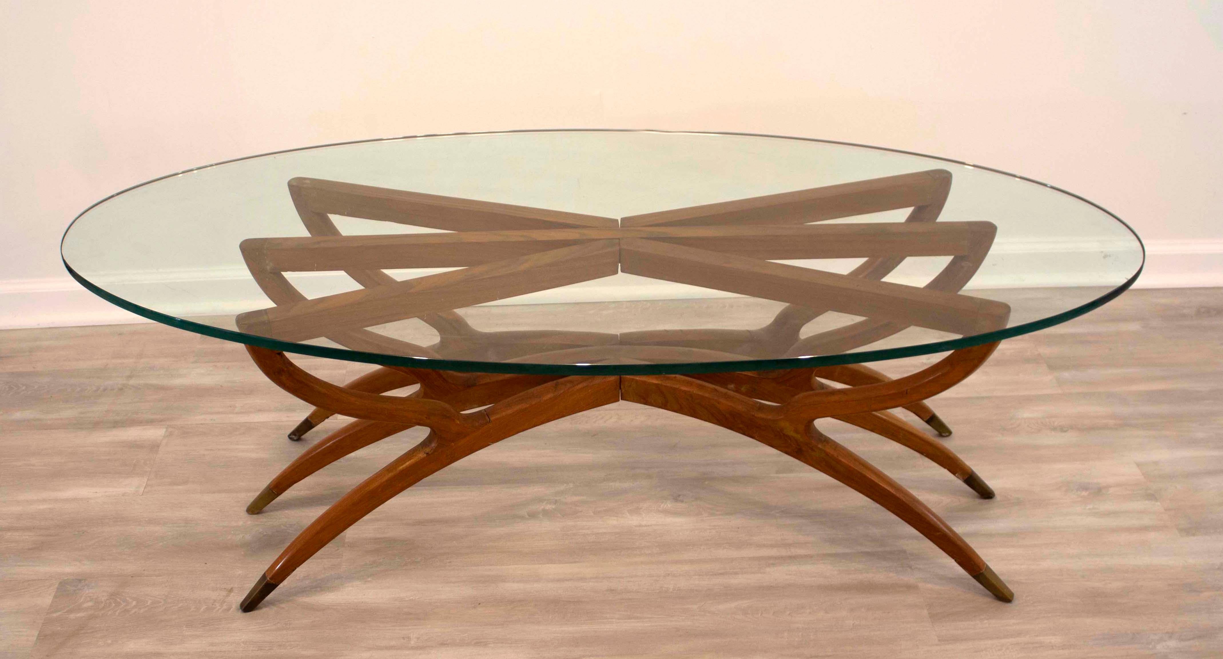 Walnut Spider Leg Coffee Table w Brass Moroccan Tray & Optional Glass Top 5