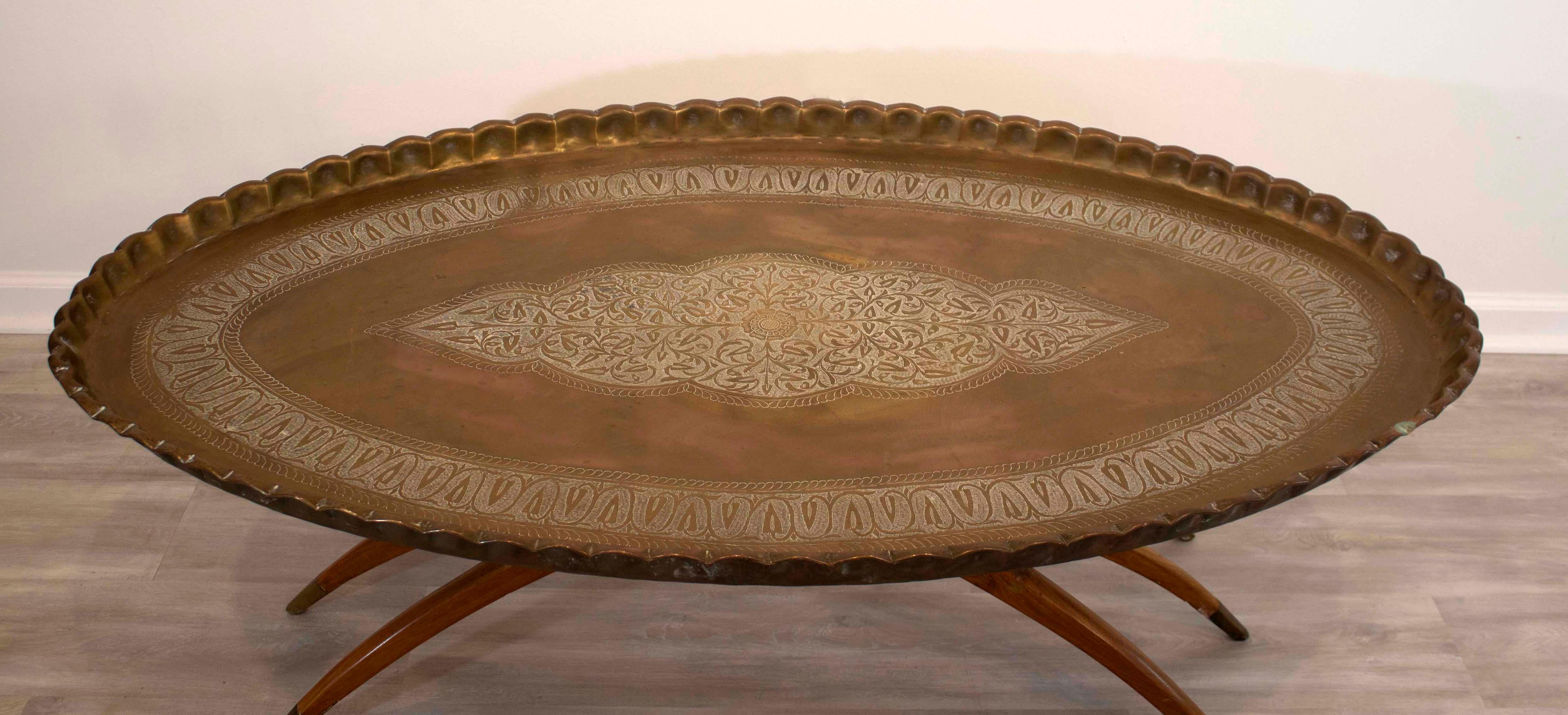 20th Century Walnut Spider Leg Coffee Table w Brass Moroccan Tray & Optional Glass Top
