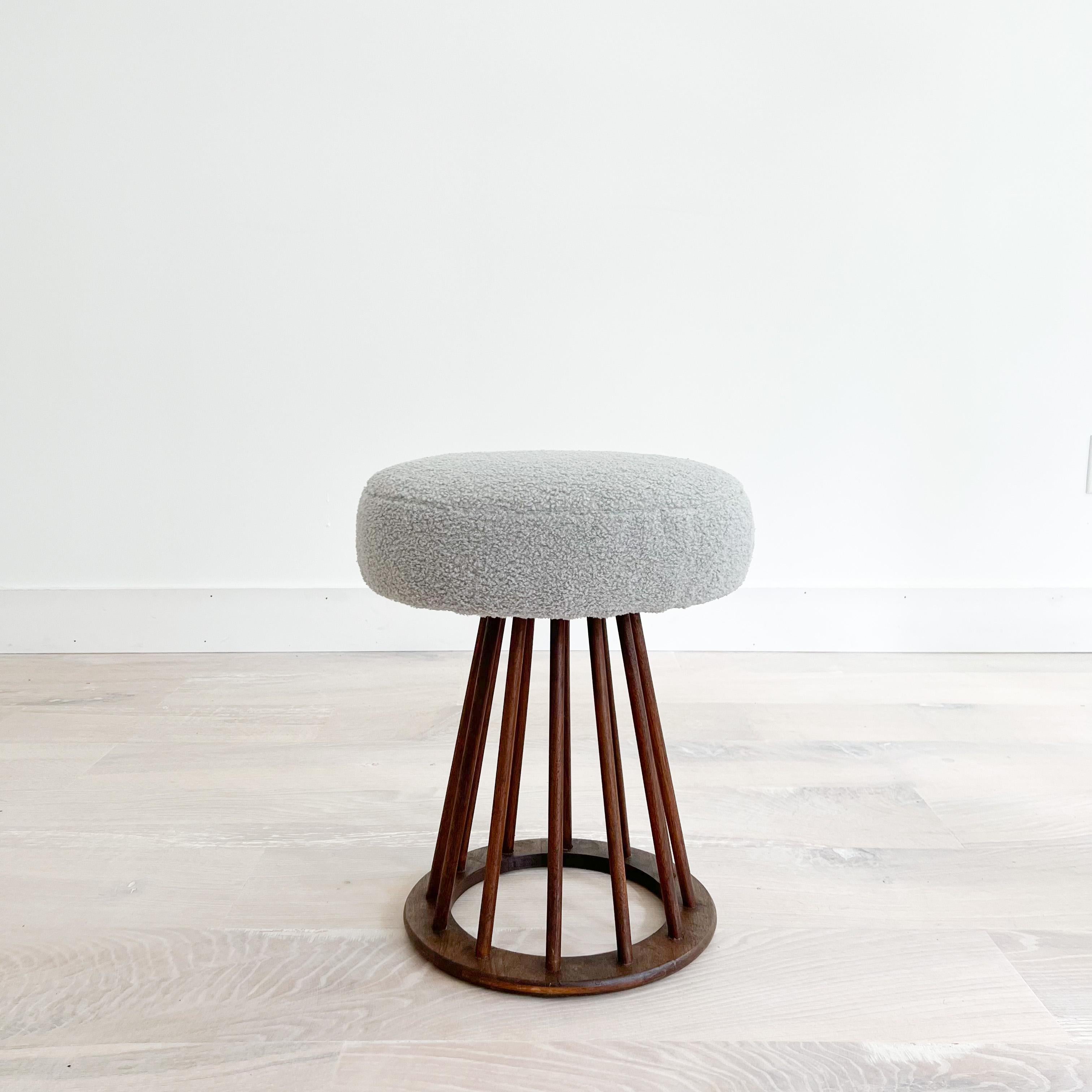Walnut Spindle Stool by Arthur Umanoff w/ New Grey Shearling Upholstery In Good Condition In Asheville, NC