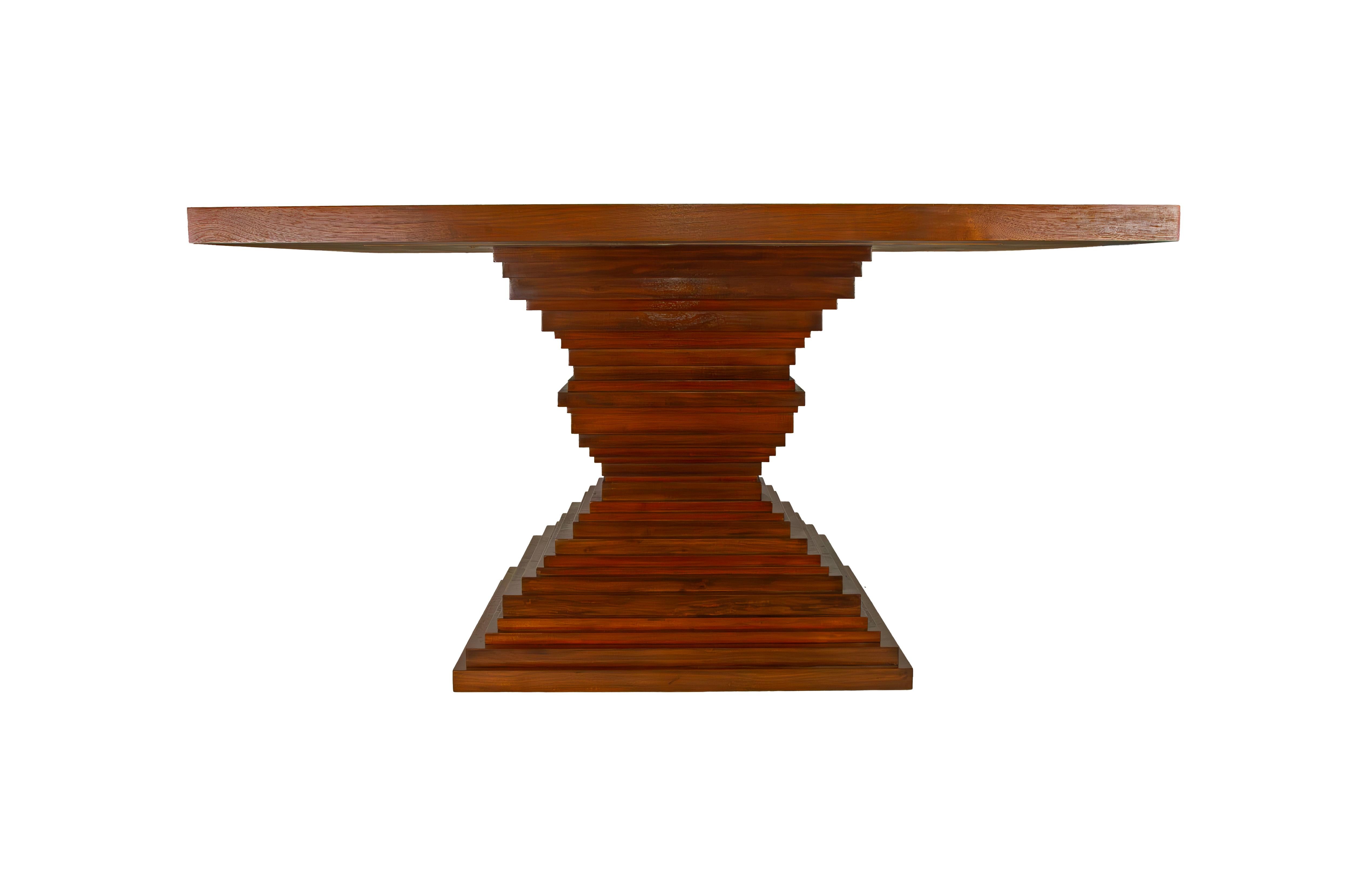 A handcrafted dining table. The original table is artfully composed of 29 individual disks; the impressive top is constructed of multiple sections of walnut or rosewood, creating a splendid sunburst, the table is crafted with traditional joinery in