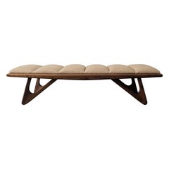 Walnut Stain Sculptural Bench with Channel Tufted Leather